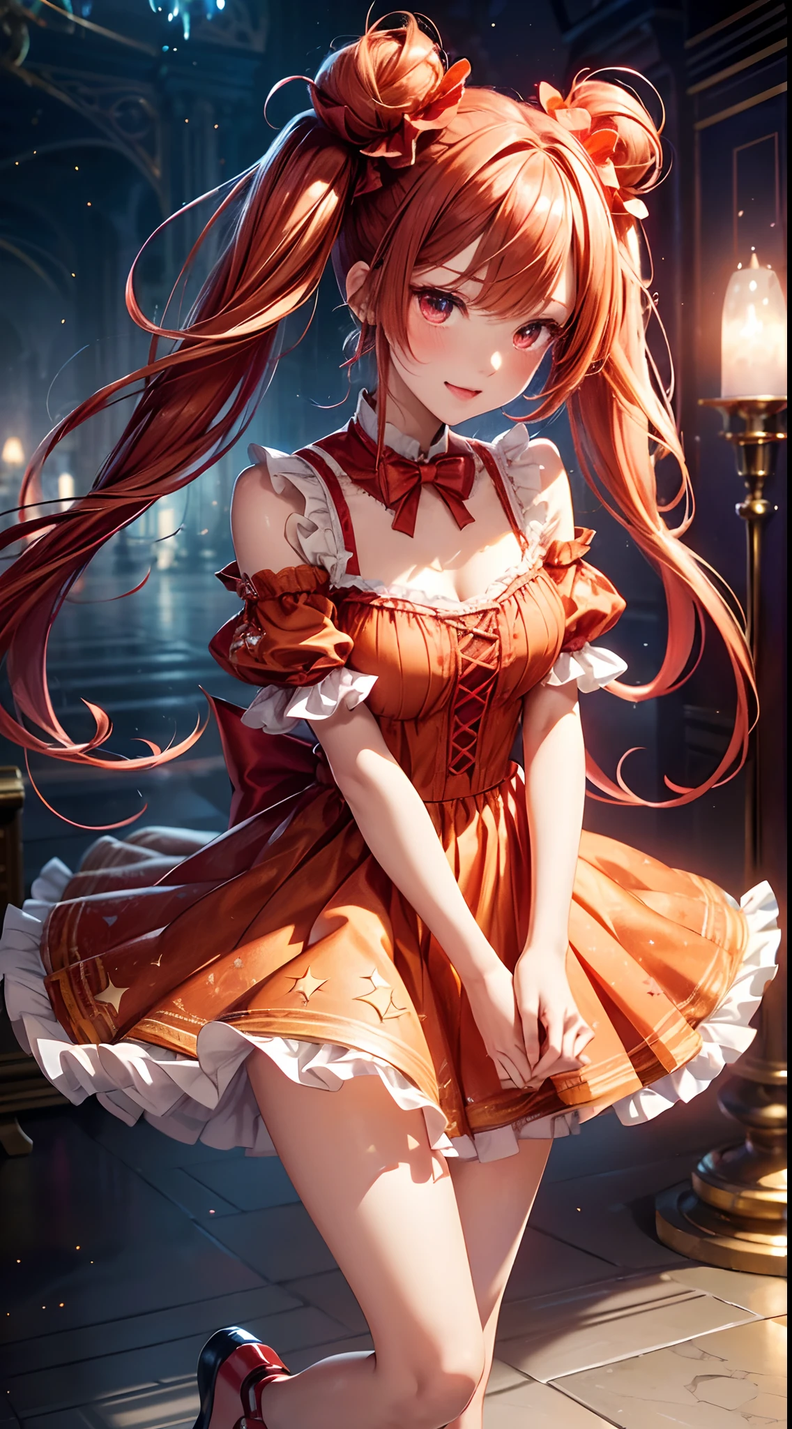 (fullbody, legs and shoes visible: 1.2)) expressive eyes, woman, pale skin, long hair, windblown hair, ((long hair)), long sidelocks, hime bangs, hair fringe, hair bun, ((long twintails)), flaming hair, red hair, blushing, full face blushing, big sparkling glowing red eyes, (gradient eyes), open mouth smile, cute pose,
flowy flaming dress, ((scarlet multicolored open dress)), (mist), orange ruffles, yellow frills, (light red lace), detached short sleeves, puffy skirt, ((fire and stars print skirt : 1.3)), lolita skirt, dark red bows, ((pompon ribbons hair ornament : 1.4)), multiple bows, striped lace stockings, (heart shaped leg garter), cute (dark orange) shoes ((hyperdetailed clothing and fashion)) looking at you, vintage girl, blushing, (beautiful detailed eyes), (extremely detailed CG unity 8k wallpaper) (best shadow), ((an extremely delicate and beautiful)), (detailed light), ((depth of field)) big head, big sparkling eyes, moe, splash art, cinematic lighting, frontal view, volumetric lighting maximalist photo illustration 64k resolution high res intricately detailed complex key visual precise linear
((in the dark palace background, surrounded by expensive decor, shooting stars)) ((hyperdetailed scenery, foggy, darkness : 1.3))