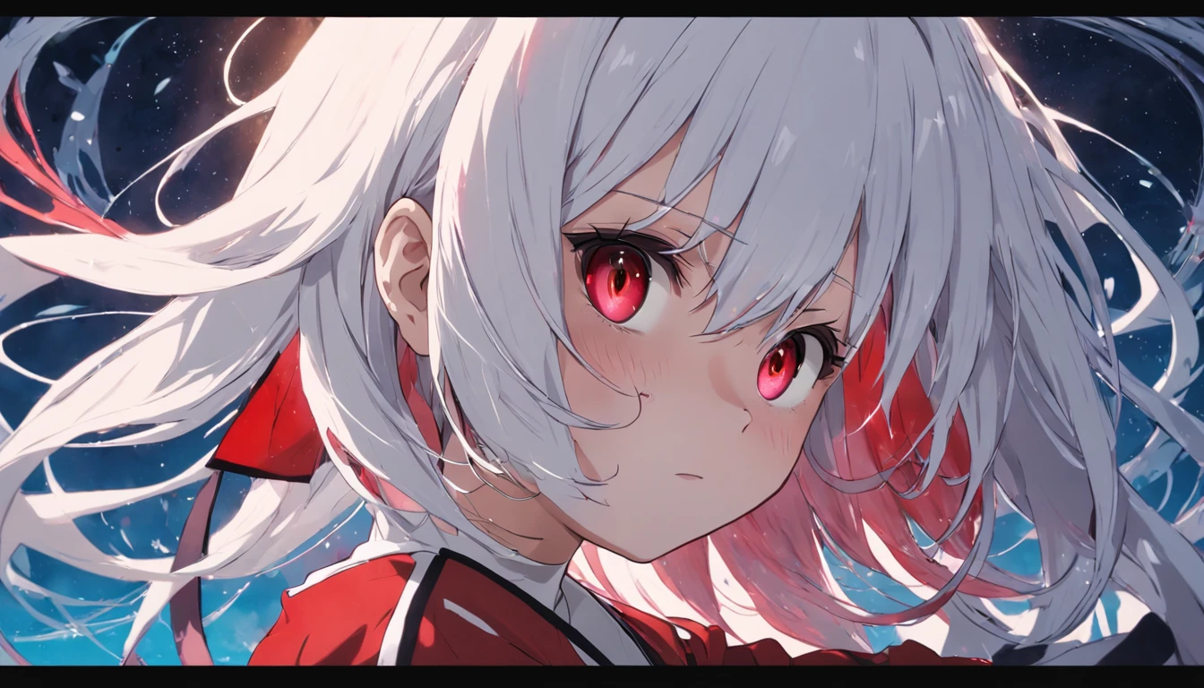 whaite hair，Poor milk girl，red pupils，White thin large shirt，