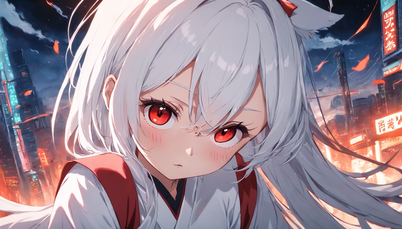 whaite hair,Poor milk girl,red pupils,White thin large shirt,