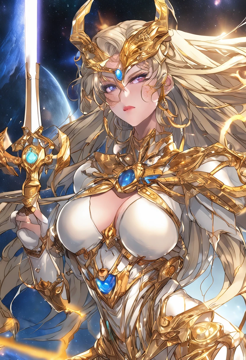 huge-breasted、Obscene、Eternal Sailor Moon, Goddess, Awakened God-like Power, Confident expression, Beautiful detailed eyes, intricate clothing, ((Engraved silver seams)), Wielding a golden scythe, Glitter, Galaxy in the background, Absolutely amazing, razor sharp focus, cosmic, charmed, masutepiece, ((((Best Quality:1.4)))), ((((Extreme details))))