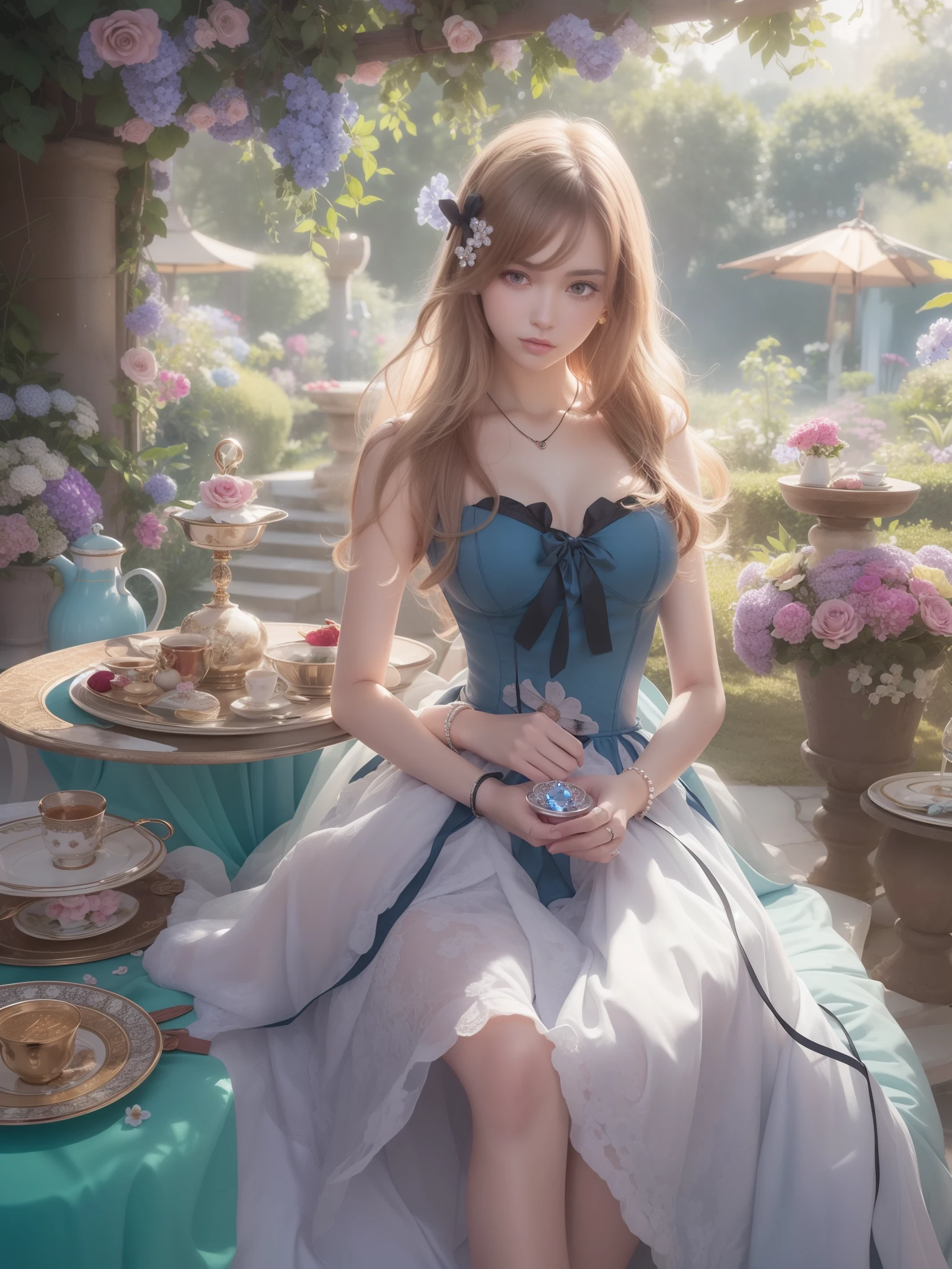 Nudity, Bare chest, No Top, (masutepiece,Best Quality:1.4),(8K,Raw photo,photographrealistic:1.2),(FULL BODYSHOT:1.1),Alice in Wonderland, beautiful face,deep blue sheer dress, A vast garden,tea party, large table, long hair with a gentle wave, beautiful woman, detailed skin,detailed face,detailed eyes, Crystal Ballet Shoes , simple and beautiful pendant necklace, sparkling bracelet, black ribbon, mischievous flowers
