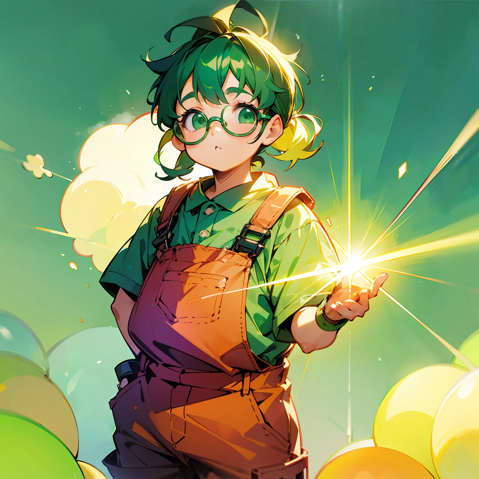 Two-block hairstyle of a little fat green-haired man、wears glasses、Wearing overalls、Holding a spanner in your hand、softfocus、Colorful light gradient、watercolor paiting、lensflare、kirakira、Glow、Dreamy