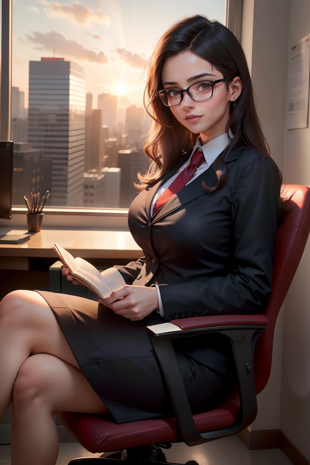 Crie imagem realista de uma jovem advogada, com cabelos pretos longos e lisos, seios grandes, batom vermelho, wearing glasses and dressed in black clothes with red accents, is sitting cross-legged in an office chair. Ela folheia um livro com um olhar atento e um leve sorriso no rosto. The backdrop is an office, with a large, modern window located behind the lawyer. The soft rays of the sunset gently illuminate the figure of the lawyer.