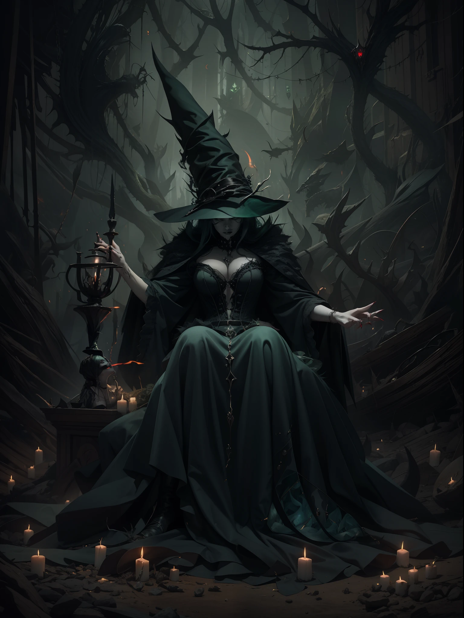 "A wicked witch consumed by her insatiable greed for unimaginable powers, A mesmerizing image depicting the dark allure of a greedy witch longing for absolute power, The wicked enchantress, driven by her insatiable appetite for power, her hunger knows no bounds."