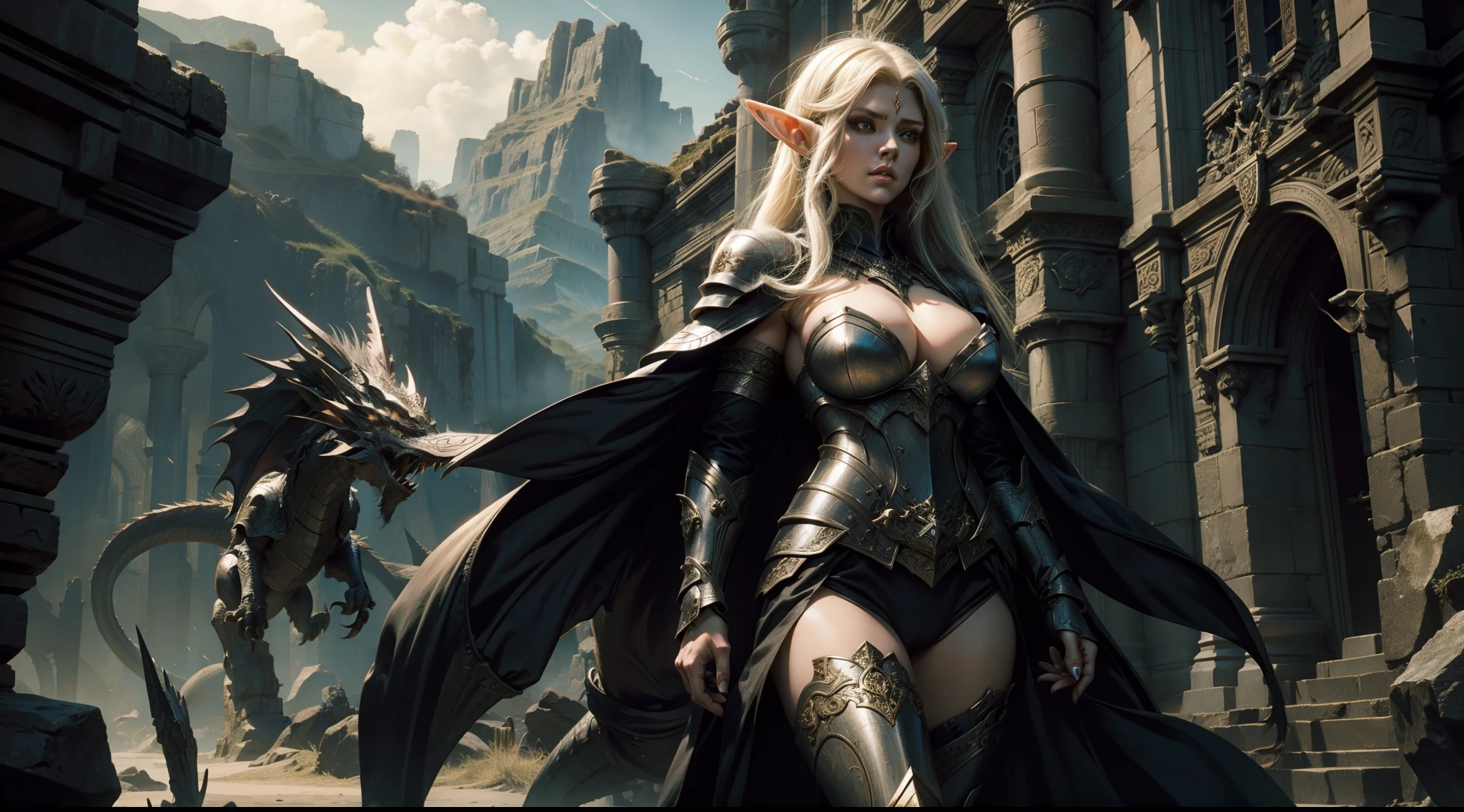 Female elf，Large breasts，Black armor，dramatics，Fly on a dragon