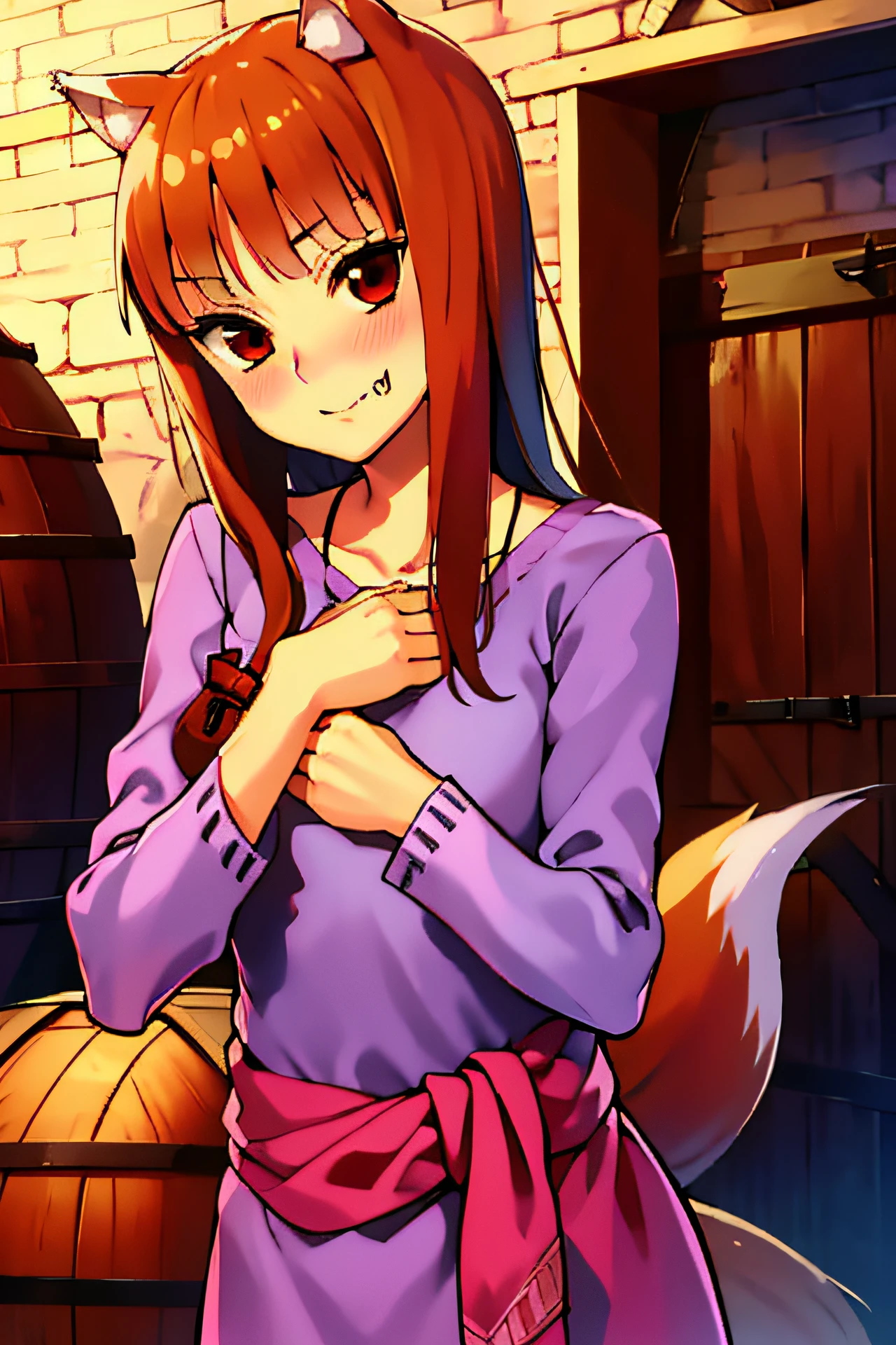 absurdres, best quality, masterpiece, novel illustration,(spice and wolf), (((holo))), (spicytail), (koume keito:1), (ayakura juu:1), (kawakami rokkaku:1), looking at viewer, wolf_ears, wolf_girl, wolf_tail, holo, animal_ears, 1girl, long_hair, brown_hair, purple_shirt, solo, brick_wall, blush, pouch, fang, red_eyes, smug, barrel, from front, both hands on chest