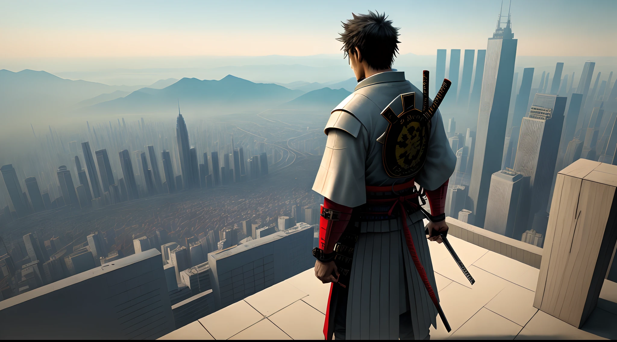 The future samurai stands on a tall building looking at the colorful city below