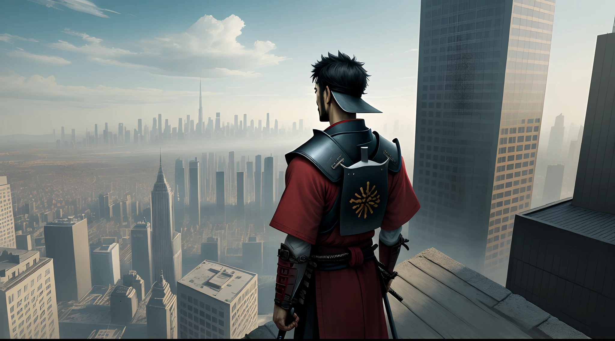 The future samurai stands on a tall building looking at the colorful city below