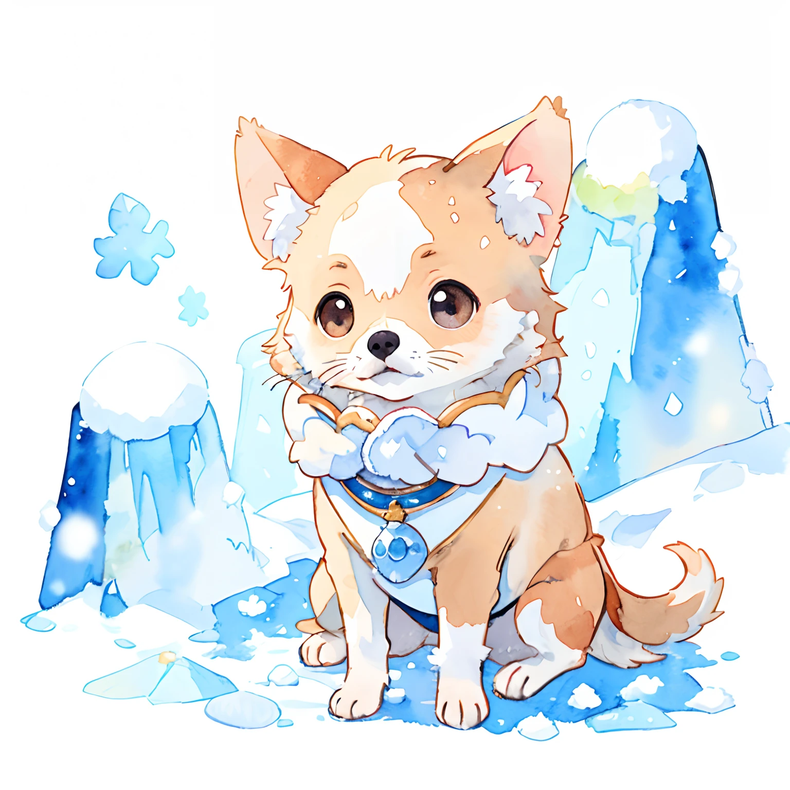 Chihuahua:1.5、cute little、big eye、snow-white fur、fluffly、simple background、white backgrounid、watercolor paiting