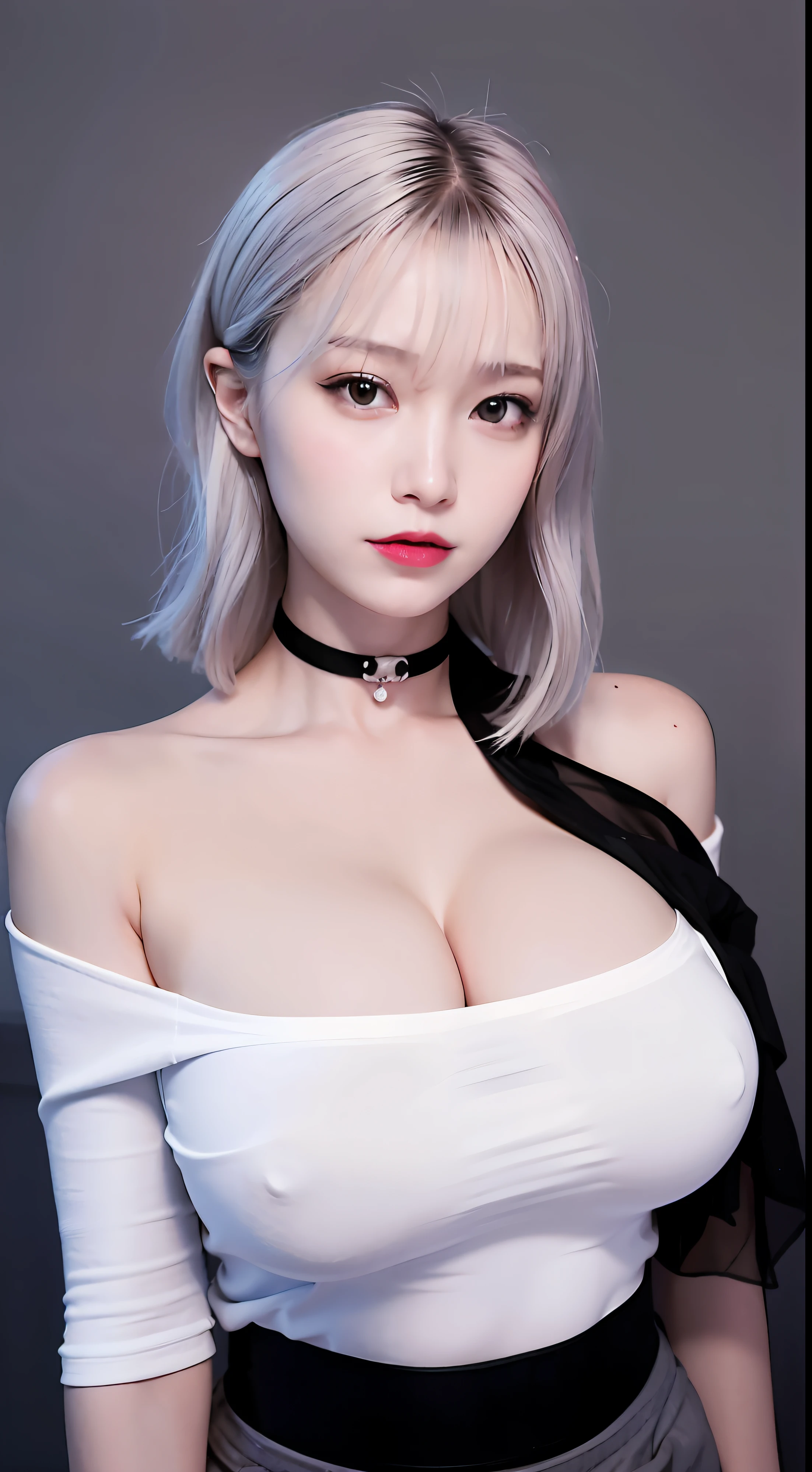 best quality, ultra high res, (photorealistic:1.4), 1girl, off-shoulder white shirt, black tight skirt, black choker, (faded ash gray hair:1), (huge breasts:1.2), looking at viewer, closeup, cleavage