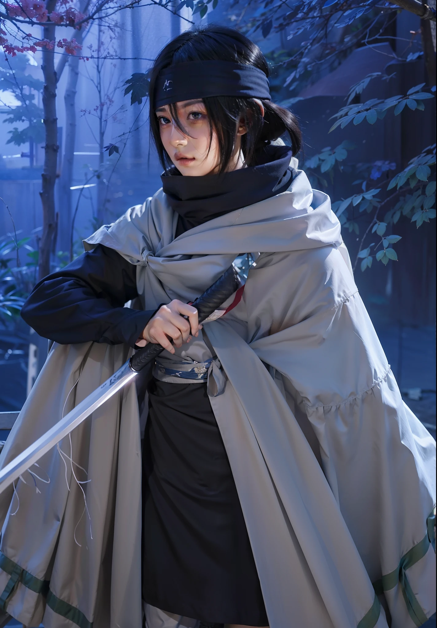 real Life adaption of this character,her name is Sasuke uchiha from anime naruto ,hyper realistic ,detailed hair, high resolution, photorealistic,very detailed,realistic outfit ,Korean handsome face,detailed shining blue eyes,wear bandana ,holding realistic katana