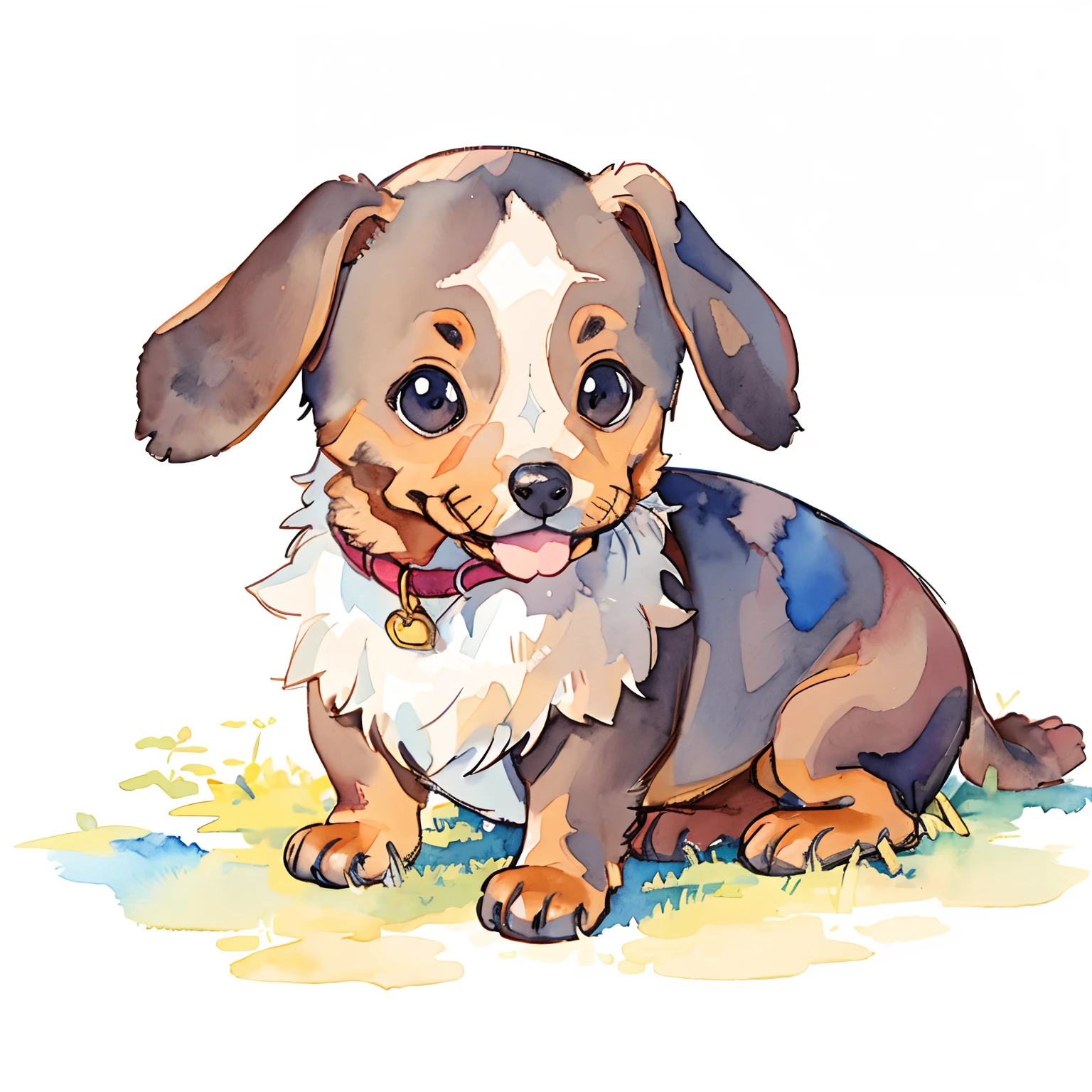 Dachshund:1.5、cute little、fluffly、simple background、white backgrounid、watercolor paiting