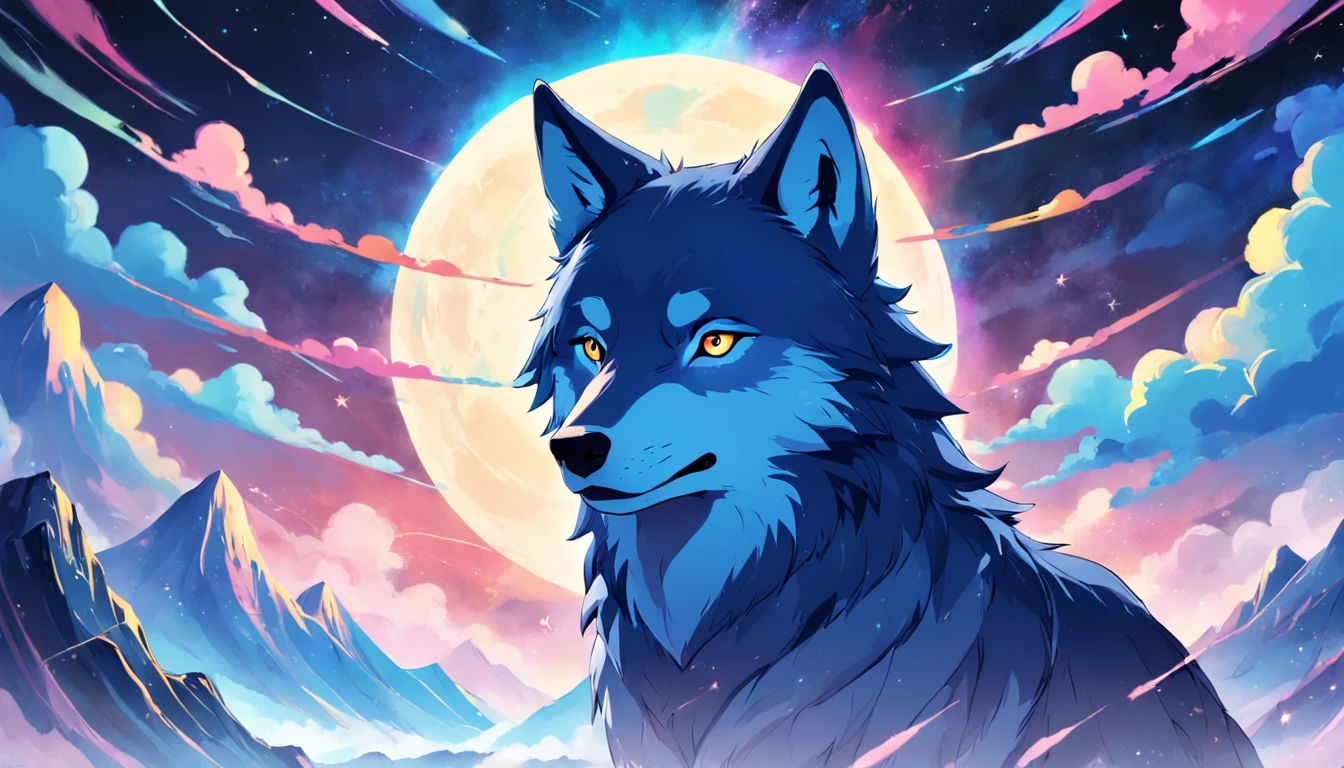 Card frame　Blue wolf　with rainbow colored background　Extremely colorful　Design the starry sky