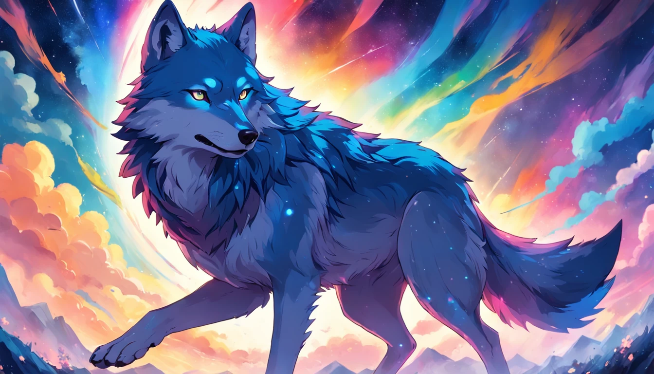 Card frame Blue wolf with rainbow colored background Extremely colorful Design the starry sky