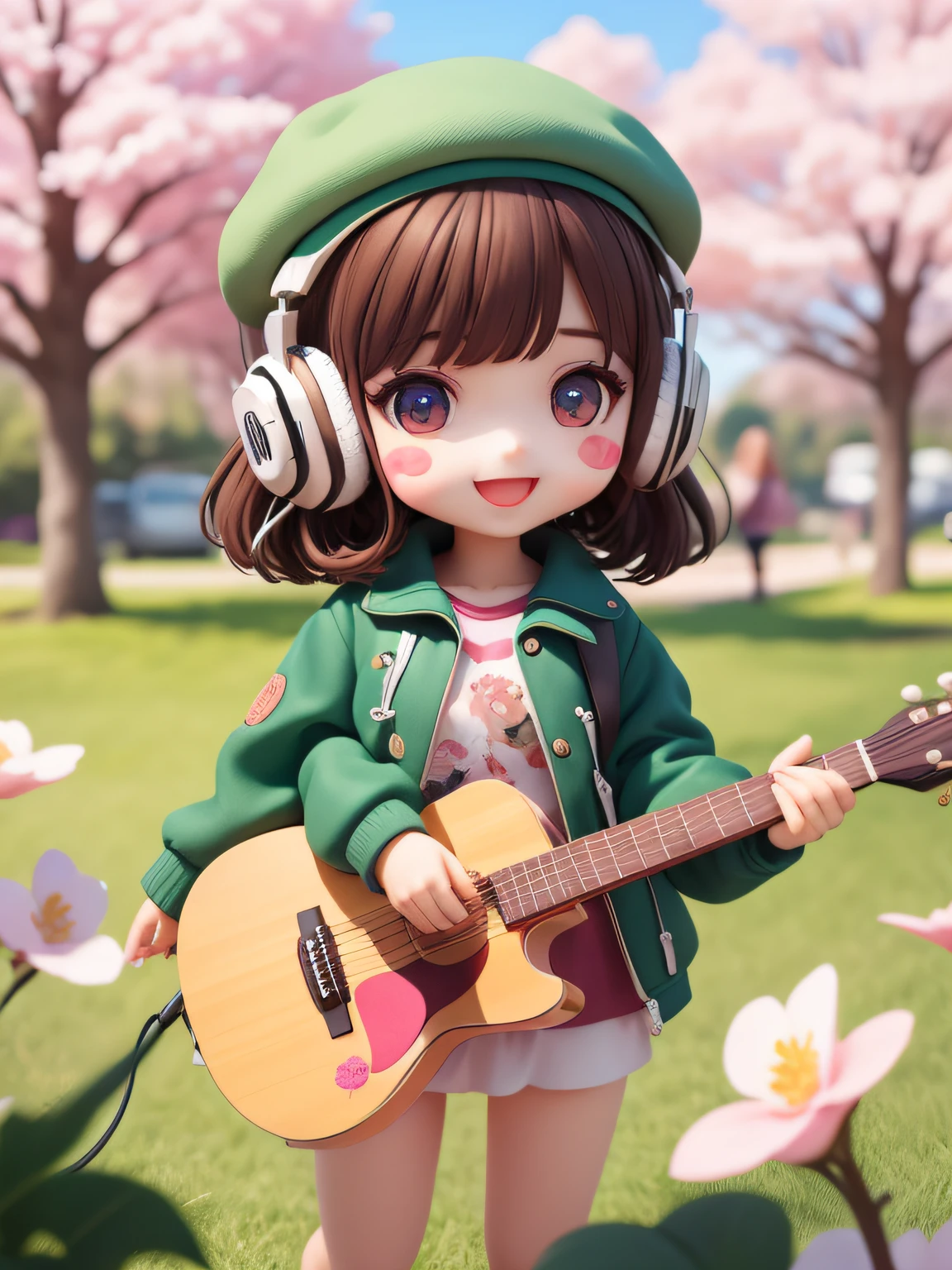 (masterpiece),(best quality),(ultra-detailed), (full body:1.2),
1girl,chibi,cute, smile, open mouth,
flower, outdoors, playing guitar, music, beret, holding guitar, jacket, blush, tree, :3, shirt, short hair, cherry blossoms, green headwear, blurry, brown hair, blush stickers, long sleeves, bangs, headphones, black hair, pink flower,
(beautiful detailed face), (beautiful detailed eyes),