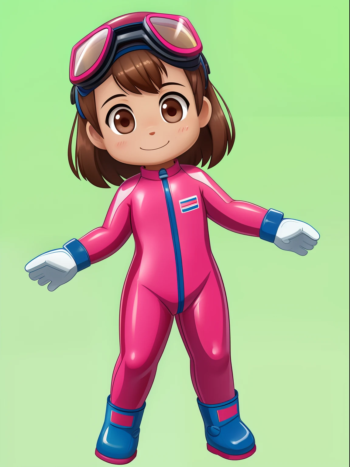 Frontal image of a 5--old l, standing, looking forward, with brown hair, brown eyes, rosy cheeks, arms open, legs spread apart, feet on the ground, clean background, diving goggles, pink diving suit, diving gloves, diving shoes.