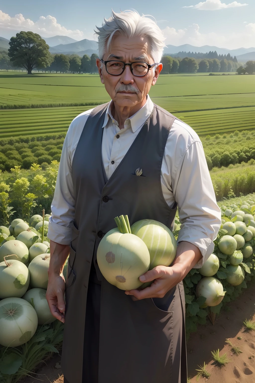 Grandfather（Men with gray hair）Turnips in the field（Large green turnips）Growing。