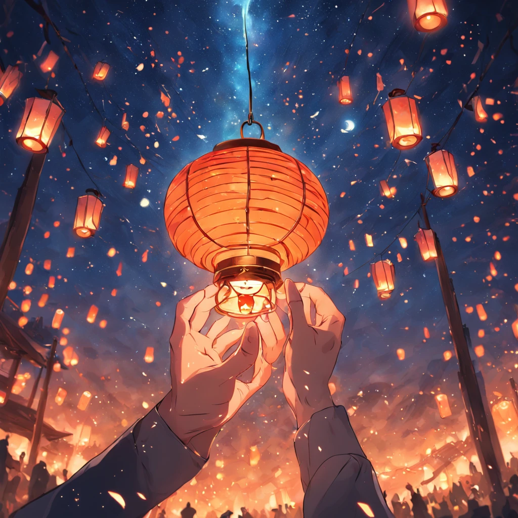 A very beautiful hand holding a Kong Ming lantern close-up,under the starry night sky