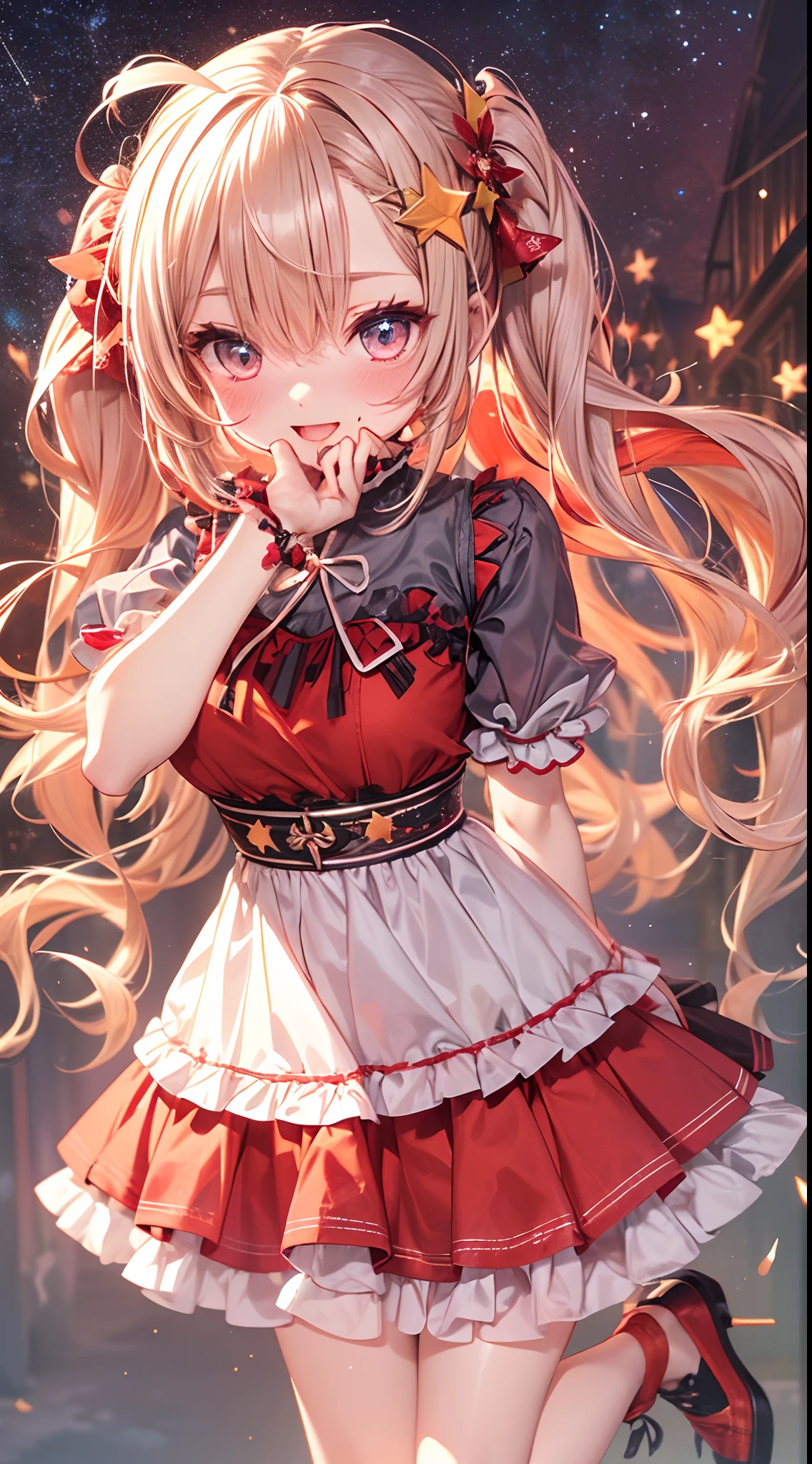 (fullbody, legs and shoes visible: 1.2)) expressive eyes, woman, pale skin, long hair, windblown hair, ((long hair)), long sidelocks, hime bangs, hair fringe, hair bun, ((long twintails)), flaming hair, red hair, blushing, full face blushing, big sparkling glowing red eyes, (gradient eyes), open mouth smile, cute pose,
flowy flaming dress, ((scarlet multicolored open dress)), (mist), orange ruffles, yellow frills, (light red lace), detached short sleeves, puffy skirt, ((fire and stars print skirt : 1.3)), lolita skirt, dark red bows, ((pompon ribbons hair ornament : 1.4)), multiple bows, striped lace stockings, (heart shaped leg garter), cute (dark orange) shoes ((hyperdetailed clothing and fashion)) looking at you, vintage girl, blushing, (beautiful detailed eyes), (extremely detailed CG unity 8k wallpaper) (best shadow), ((an extremely delicate and beautiful)), (detailed light), ((depth of field)) big head, big sparkling eyes, moe, splash art, cinematic lighting, frontal view, volumetric lighting maximalist photo illustration 64k resolution high res intricately detailed complex key visual precise linear
((in the dark palace background, surrounded by expensive decor, shooting stars)) ((hyperdetailed scenery, foggy, darkness : 1.3))