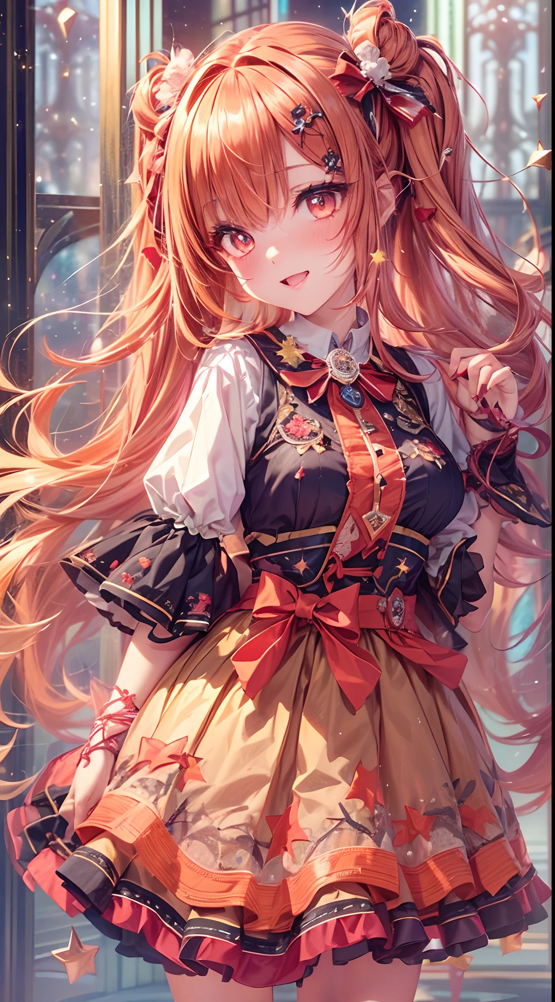 (fullbody, legs and shoes visible: 1.2)) expressive eyes, woman, pale skin, long hair, windblown hair, ((long hair)), long sidelocks, hime bangs, hair fringe, hair bun, ((long twintails)), flaming hair, red hair, blushing, full face blushing, big sparkling glowing red eyes, (gradient eyes), open mouth smile, cute pose,
flowy flaming dress, ((scarlet multicolored open dress)), (mist), orange ruffles, yellow frills, (light red lace), detached short sleeves, puffy skirt, ((fire and stars print skirt : 1.3)), ta skirt, dark red bows, ((pompon ribbons hair ornament : 1.4)), multiple bows, striped lace stockings, (heart shaped leg garter), cute (dark orange) shoes ((hyperdetailed clothing and fashion)) looking at you, vintage girl, blushing, (beautiful detailed eyes), (extremely detailed CG unity 8k wallpaper) (best shadow), ((an extremely delicate and beautiful)), (detailed light), ((depth of field)) big head, big sparkling eyes, moe, splash art, cinematic lighting, frontal view, volumetric lighting maximalist photo illustration 64k resolution high res intricately detailed complex key visual precise linear
((in the dark palace background, surrounded by expensive decor, shooting stars)) ((hyperdetailed scenery, foggy, darkness : 1.3))