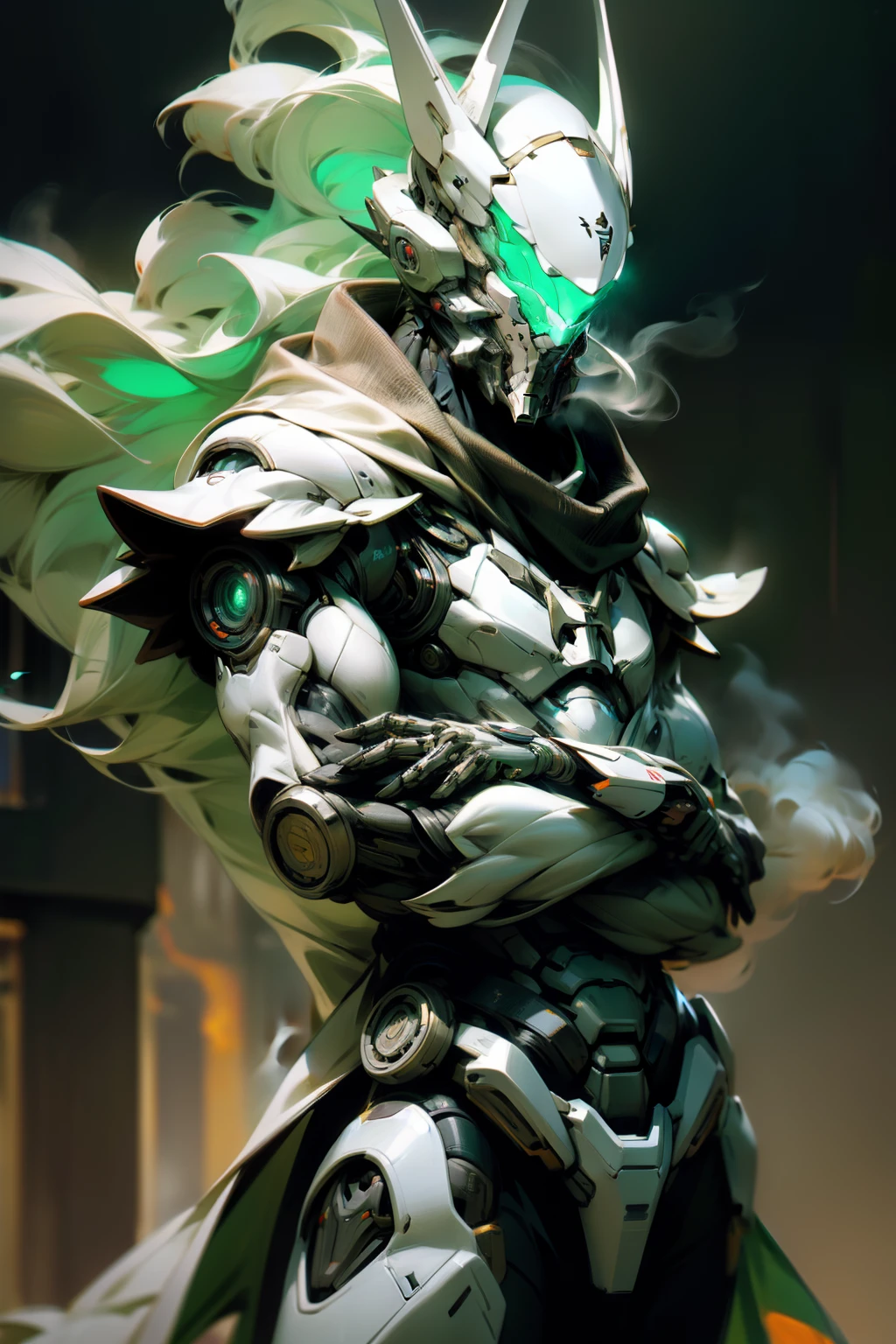 A realistic white batman in an advanced cybernetic suit, Armadura de porcelana, Hiper realista, on the battlefield amid smoke and green flames