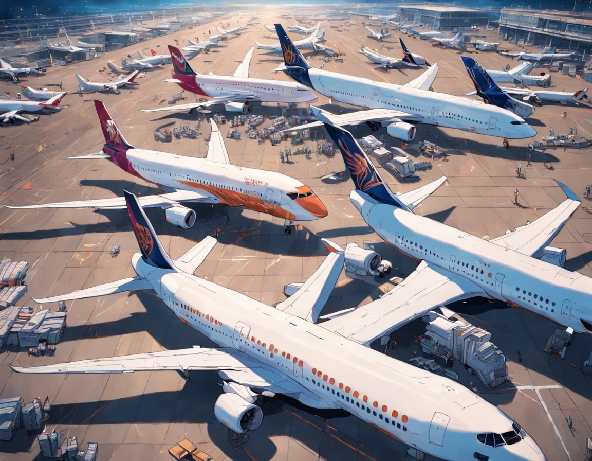 Top view of the airport,Dozens of planes are parked,empty of people