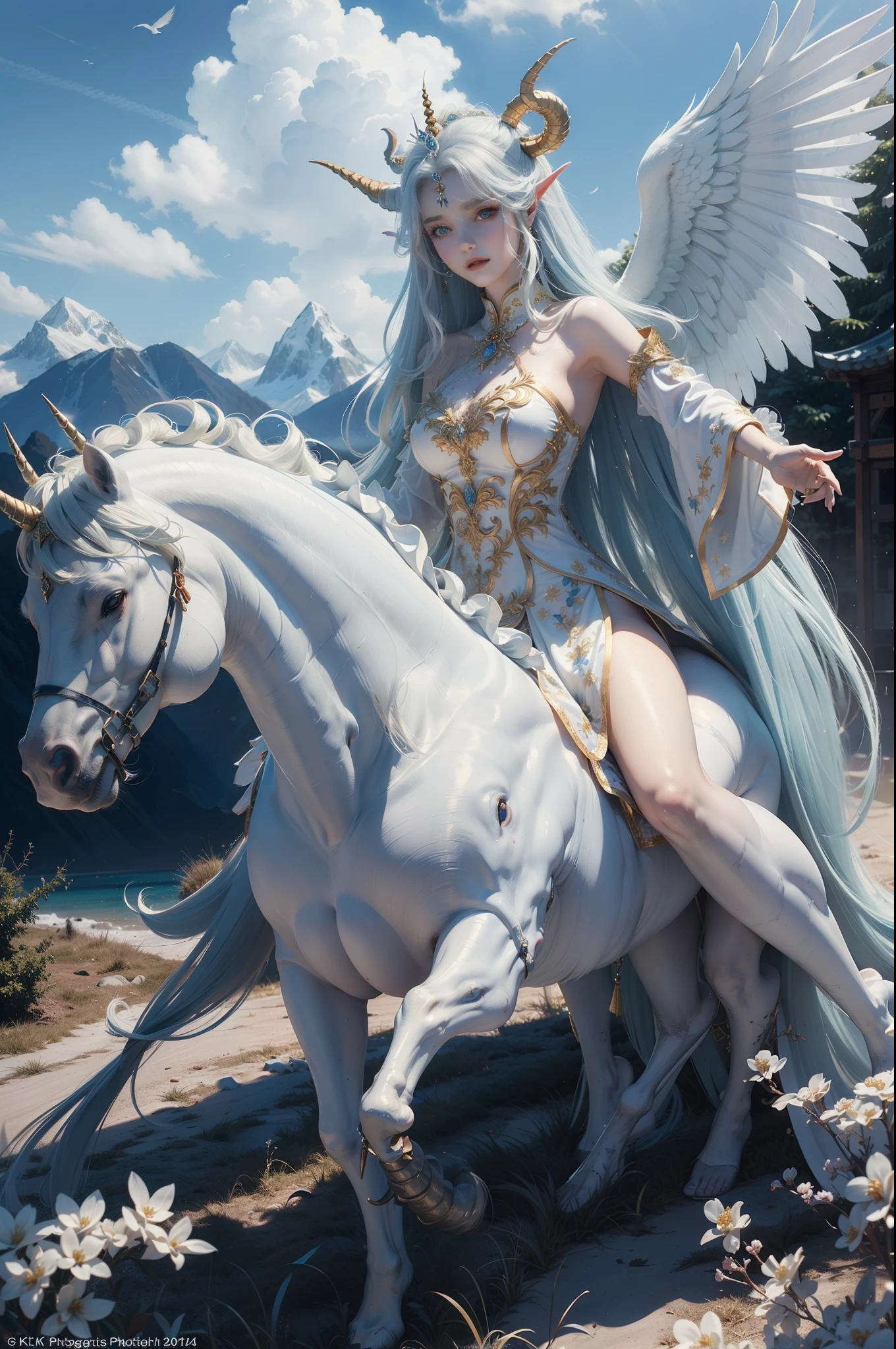((top-quality、masterpiece、photographrealistic:1.4、in 8K))、Beautiful detailed woman with white big unicorn、extremely detailed eye and face、beatiful detailed eyes、(Complex and elegant dresses in the style of medieval Europe、Princess)、Luxury accessories、Elegant smile、natta、(Princess gracefully straddling white unicorn。Hair swaying in the wind and a dress complement her noble vibe。Behind is a magnificent mountain々)、(Unicorns have horns on their foreheads and large wings like swans)、Cinematic lighting、Textured skin、Super Detail、high detailing、High quality、hight resolution、(looking at the viewers)