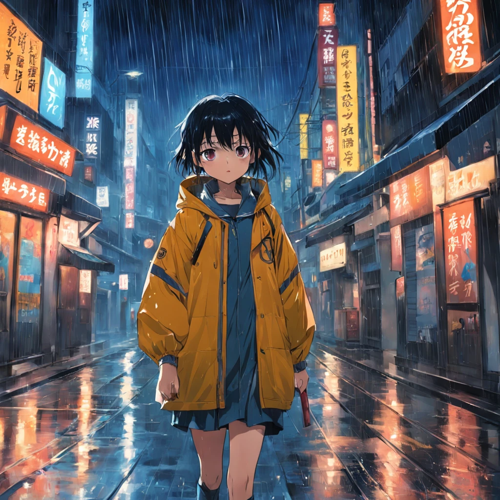 On a rainy night,I was wearing a raincoat,Handheld takeaway bag,Walk the streets on dim rainy nights,The road surface is slippery。