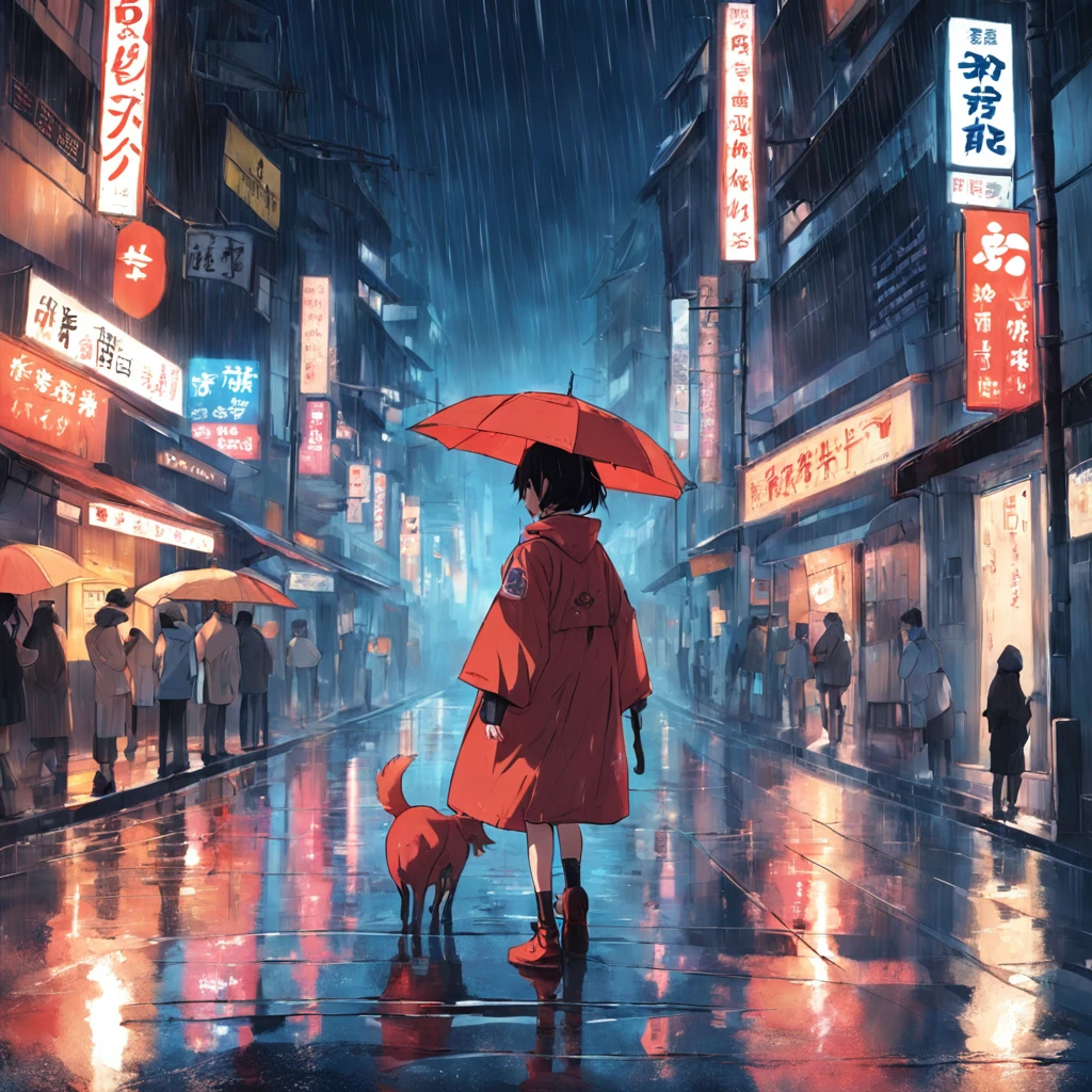 On a rainy night，I was wearing a raincoat，Handheld takeaway bag，Walk the streets on dim rainy nights，The road surface is slippery。
