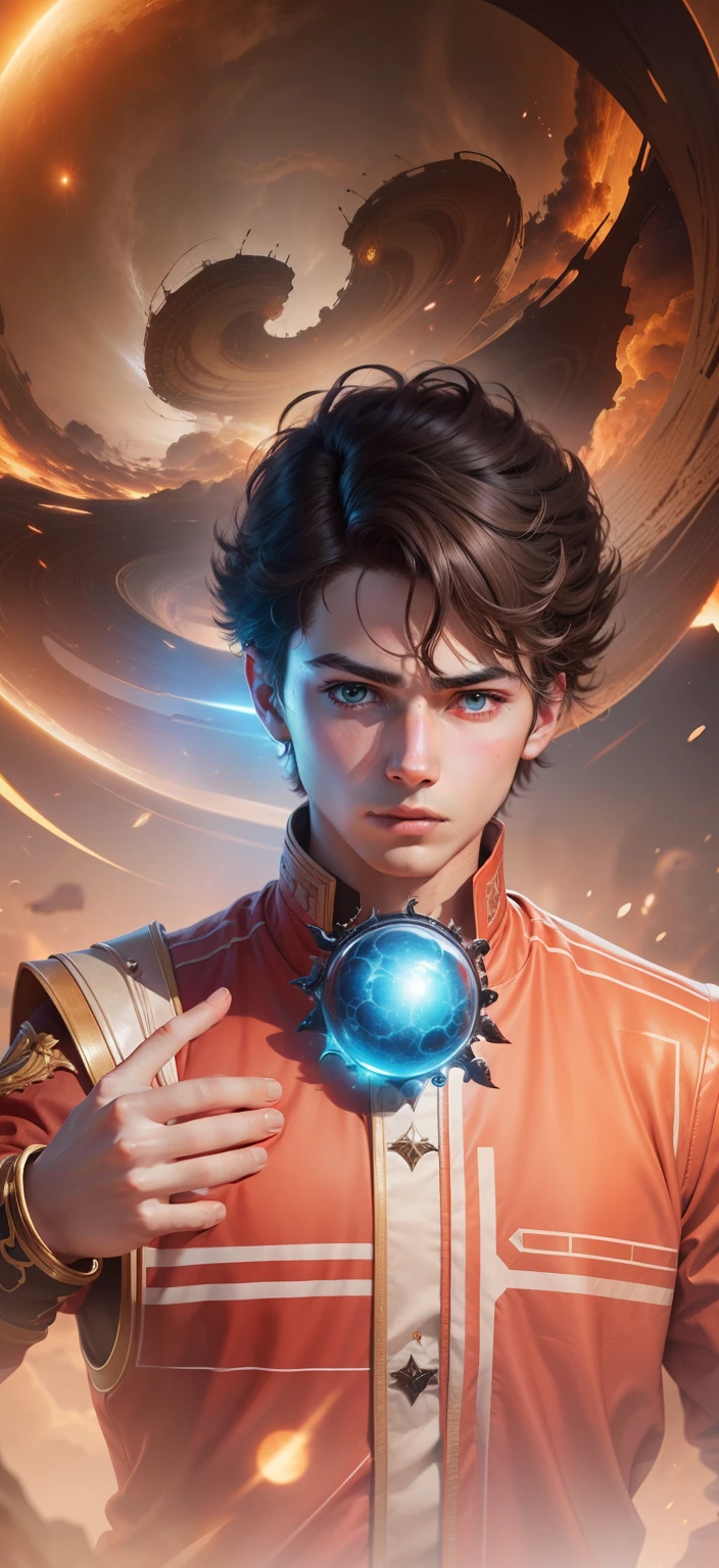 Boy With hand Magic Futuristic sun background realistic face ultra realistic high quality HD