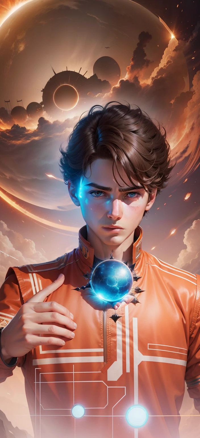 Boy With hand Magic Futuristic sun background realistic face ultra realistic high quality HD