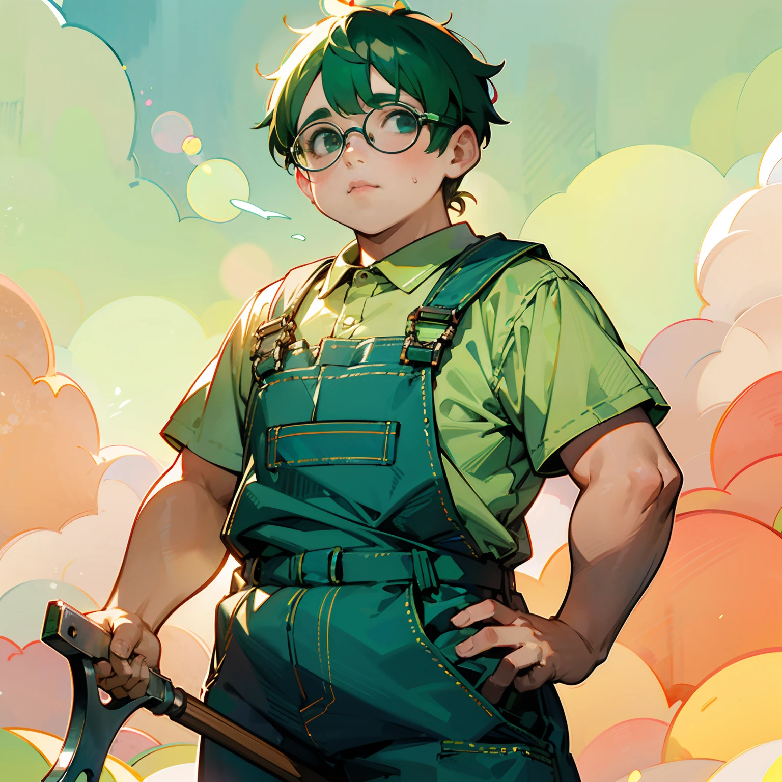 Two-block hairstyle of a little fat green-haired man、wears glasses、Wearing overalls、Holding a spanner in your hand、softfocus、Colorful light gradient、watercolor paiting、lensflare、kirakira、Glow、Dreamy