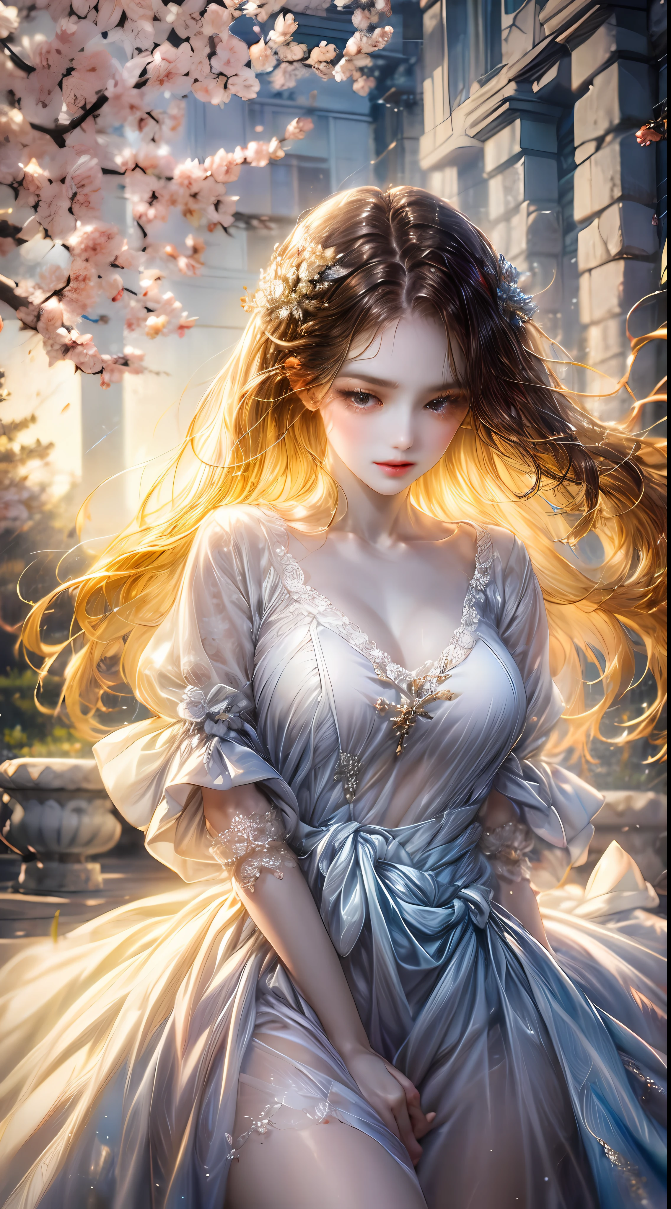 A girl，realisticlying，white dresses， The upper part of the body， Realistis，flowering trees，Floating hair， Detailed face Slender legs，The blouse is open，（（（Bigchest）））