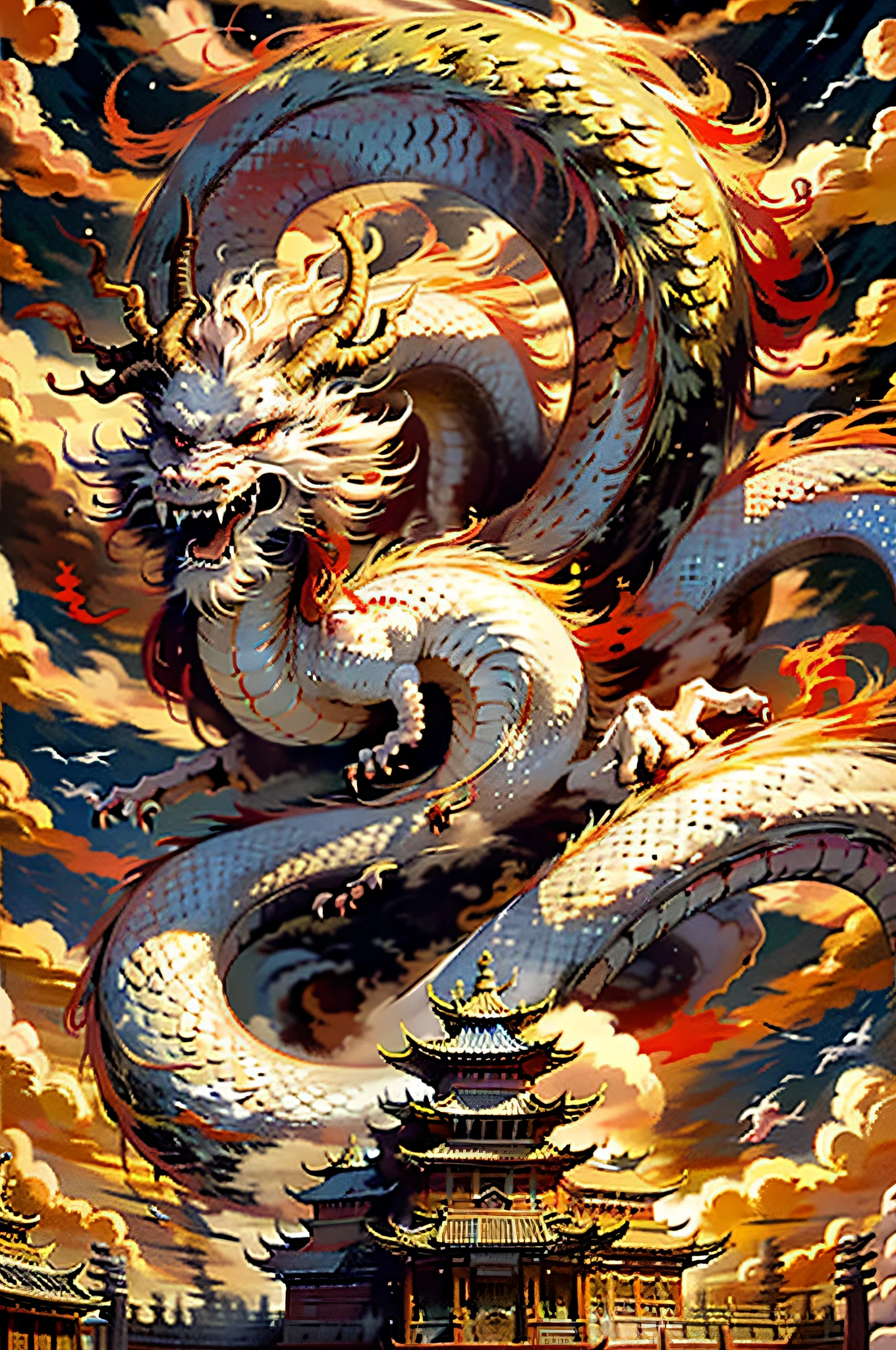 Best quality at best，tmasterpiece，超高分辨率，without humans，（The long：1.2），without humans，​​clouds，buliding，east asian architecture，red eyes，banya，with her mouth open，Skysky，Fang，Golden Oriental Dragon，mostly cloudy sky，teeth，flight，firey，