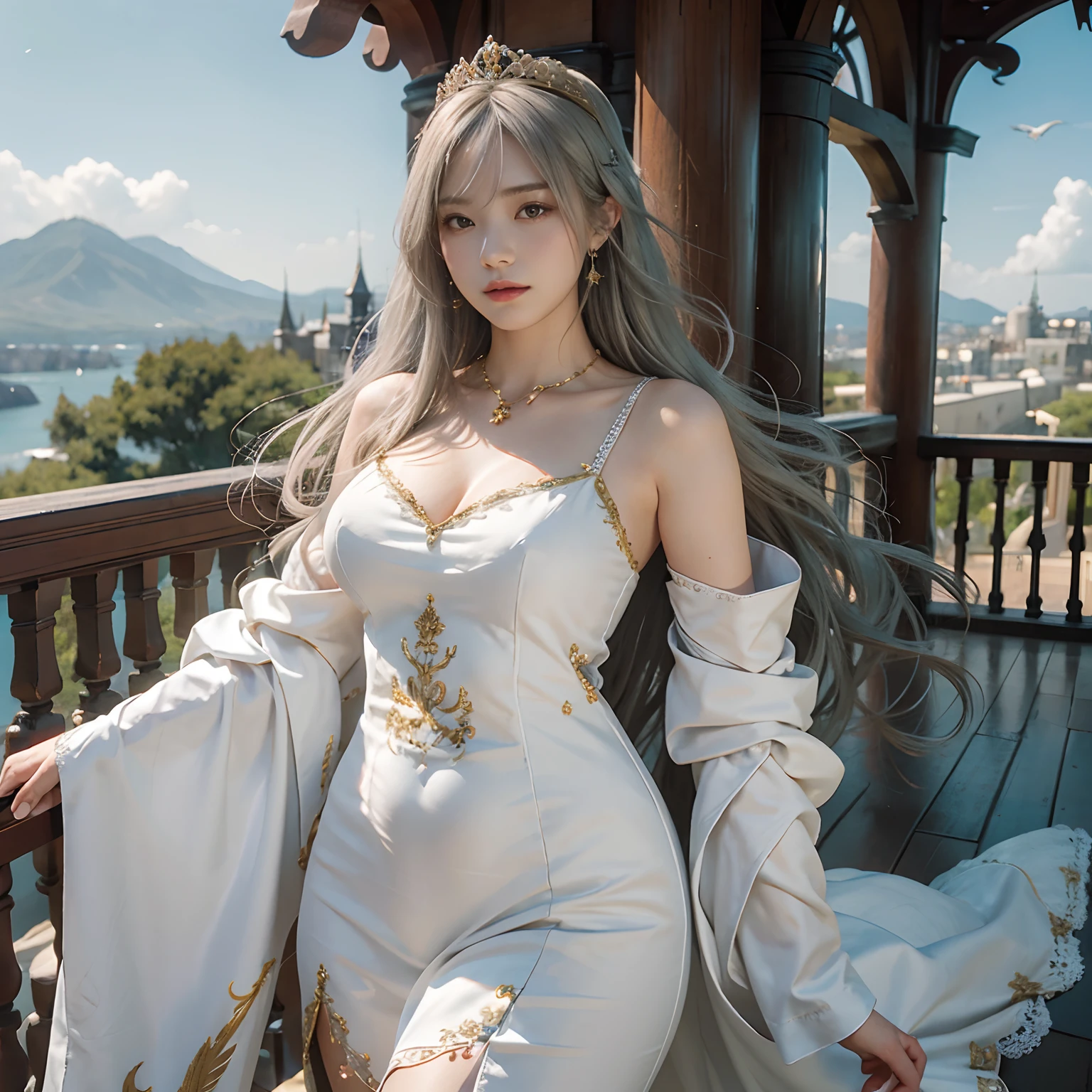 Women in Their 20s, Fantasia、offcial art, unity 8k wall paper, ultra-detailliert, beautifly、Aesthetic, ​masterpiece, top-quality, Photorealsitic, A Princess、Silver hair、Luxurious white dress、a golden tiara、Gold embroidered red curtain、Bird feather ornament、Diamond necklace、Red eagle emblem flags lined up、Flowing in the wind、Castle balcony、green plant、depth of fields, Fantastic atmosphere, Calm palette, tranquil mood, Soft shading、bbw、very large breast、plump figure、Flock of small white birds