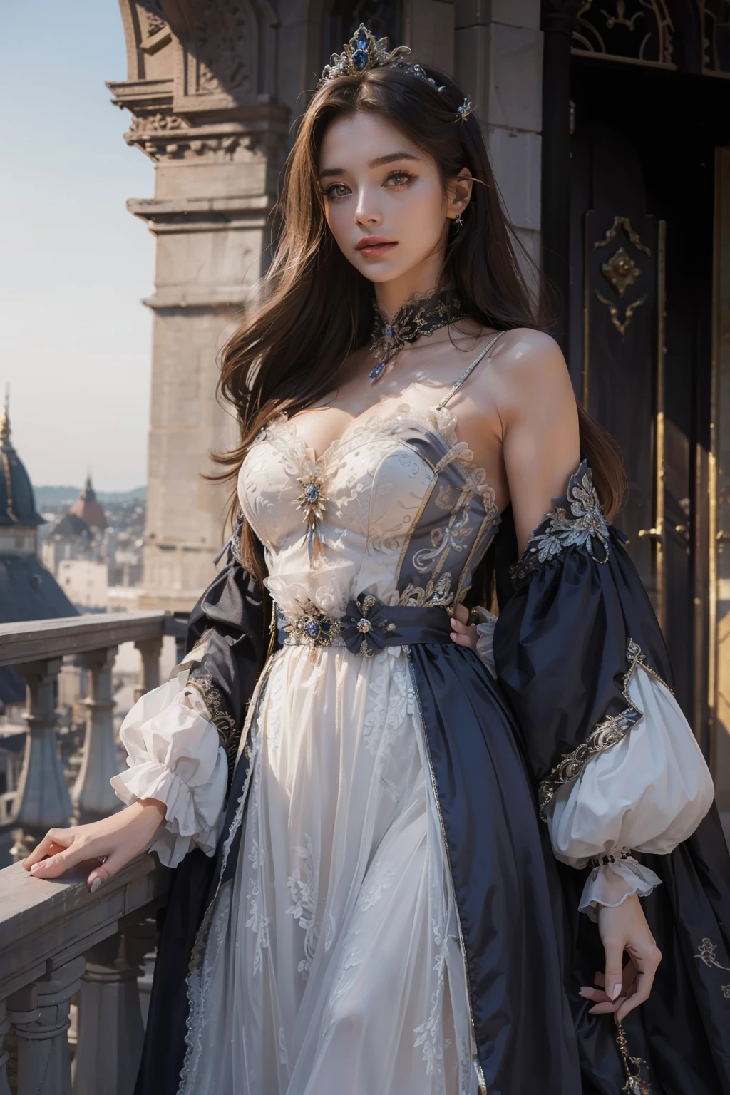 ((top-quality、masterpiece、photographrealistic:1.4、8K))、1 beautiful detailed girl、extremely detailed eye and face、beatiful detailed eyes、(Luxury dresses in the style of medieval Europe、Princess)、Luxury Accessories、Elegant smile、(Draw a scene of a princess standing on the balcony of a castle where the sun rises。She stared into the distance、Hair swaying in the wind and dresses complement her noble vibe。)、Cinematic lighting、Textured skin、Super Detail、high detailing、High quality、hight resolution、(looking at the viewers)