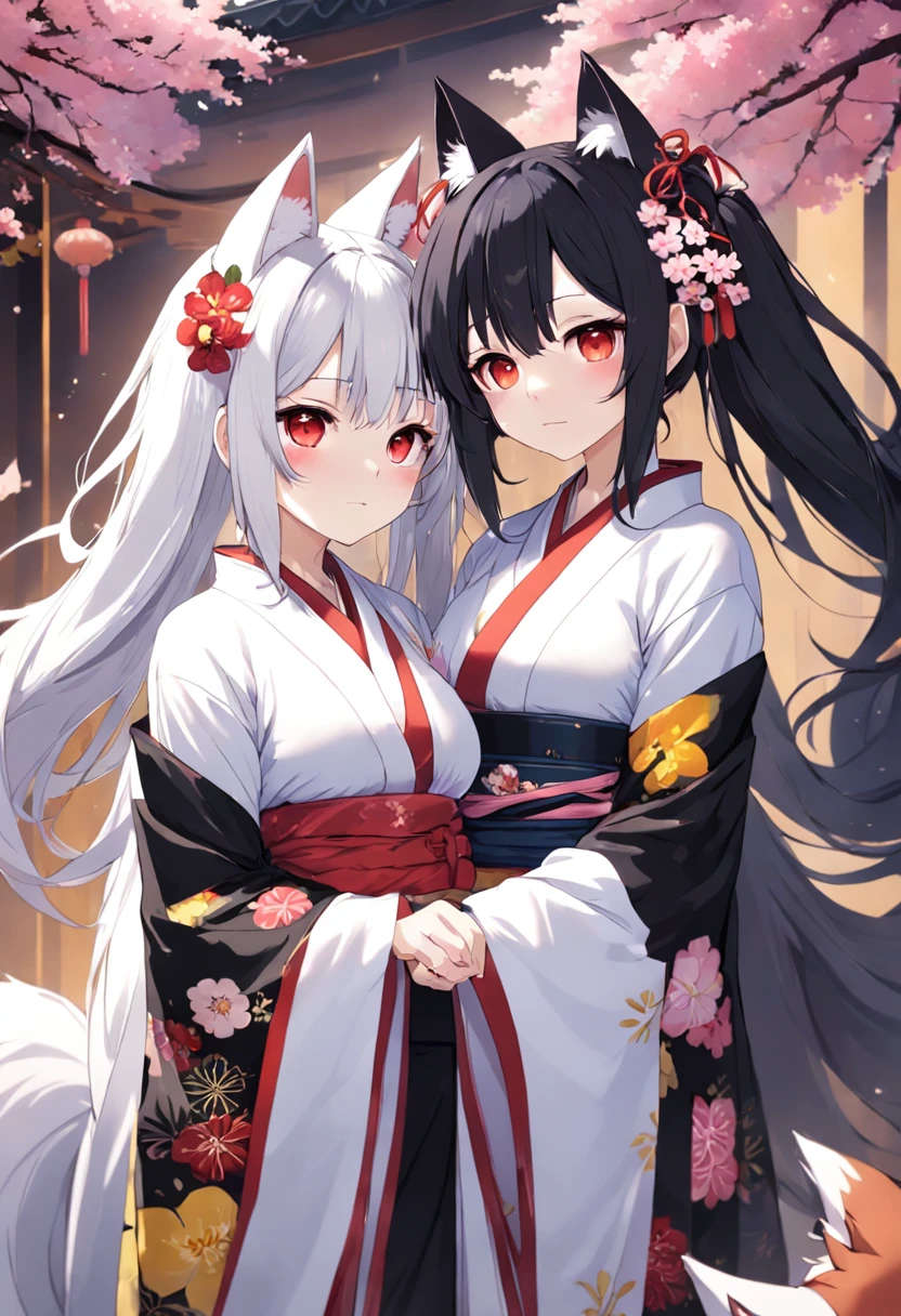 (Masterpiece), (Highest resolution), (Best quality), (2 girls), (Bouquet), (celebrating), (Blessing), (black kimono, Big breasts, Cat ears, floral patterns, Red eyes, Black hair, pony tails), (White kimono, Big breasts, Cat ears, floral patterns, Yellow eyes, White hair, double tails)( visible:1.5),(no bra:1.5)