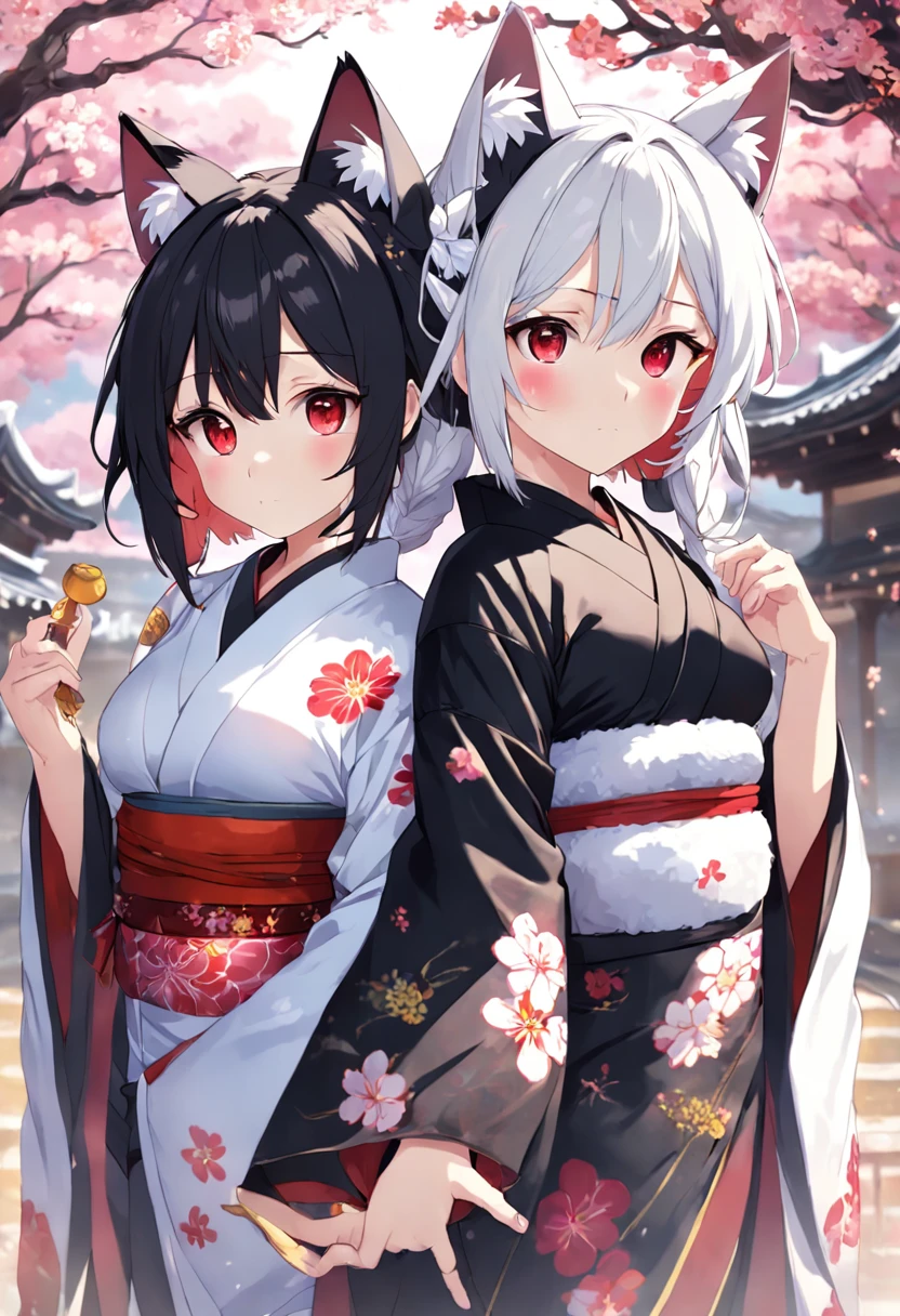 ((masterpiece,best quality)),2girls, black kimono, black legwear, black ribbon, black hair, cherry blossoms, day, flower, hair bun, hair ribbon, japanese clothes, kimono, long hair, looking at viewer, looking back, multiple girls, obi, outdoors, red eyes, red hair, ribbon, sandals, single hair bun, stairs, standing, statue, torii, tree, white kimono, yellow eyes