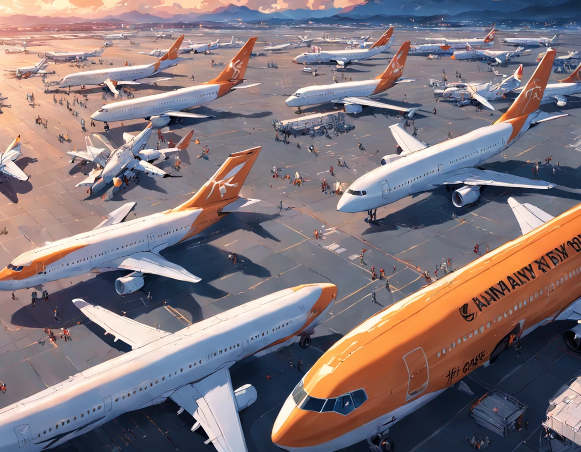 Top view of the airport，Dozens of planes are parked，empty of people