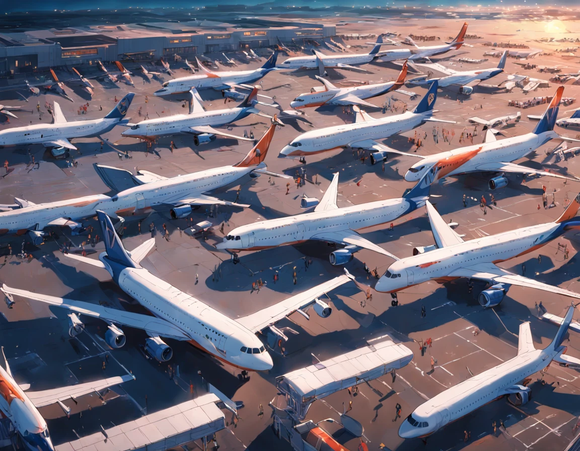 Top view of the airport，Dozens of planes are parked，empty of people