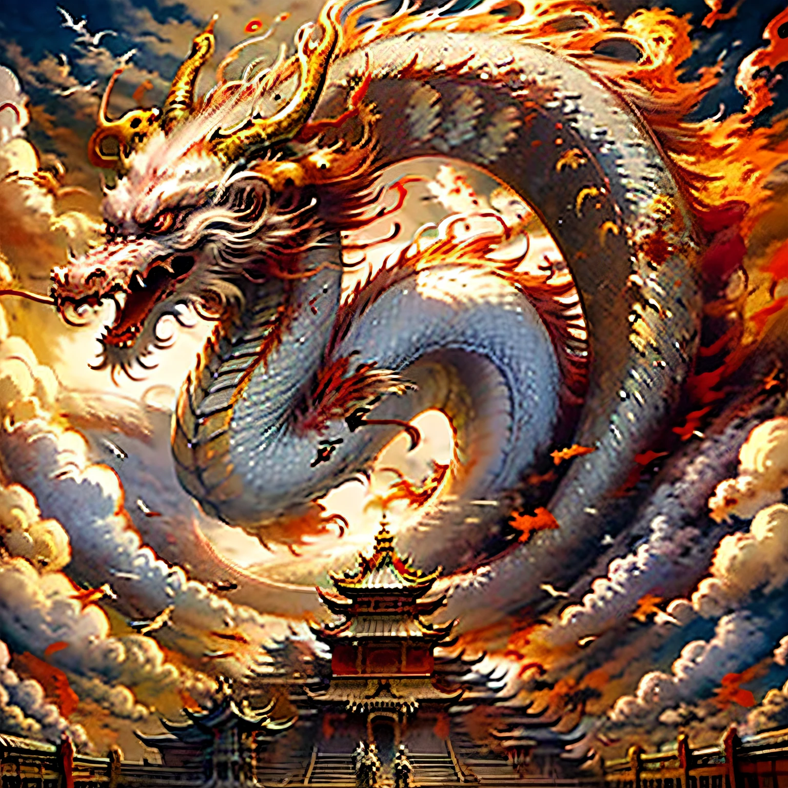 Best quality,masterpiece,ultra high res,nu no humans, (long:1.2),no humans, cloud, architecture, east asian architecture, red eyes, horns, open mouth, sky, fangs, eastern dragon, cloudy sky, teeth, flying, fire, bird, wings