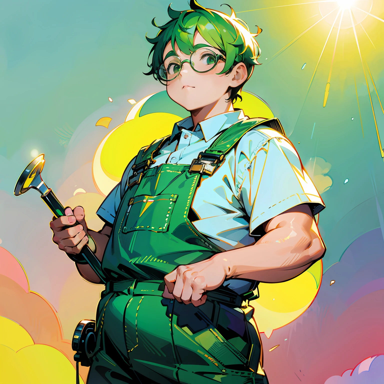 Two-block hairstyle of a little fat green-haired man、wears glasses、Wearing overalls、Holding a spanner in your hand、softfocus、Colorful light gradient、watercolor paiting、lensflare、kirakira、Glow、Dreamy