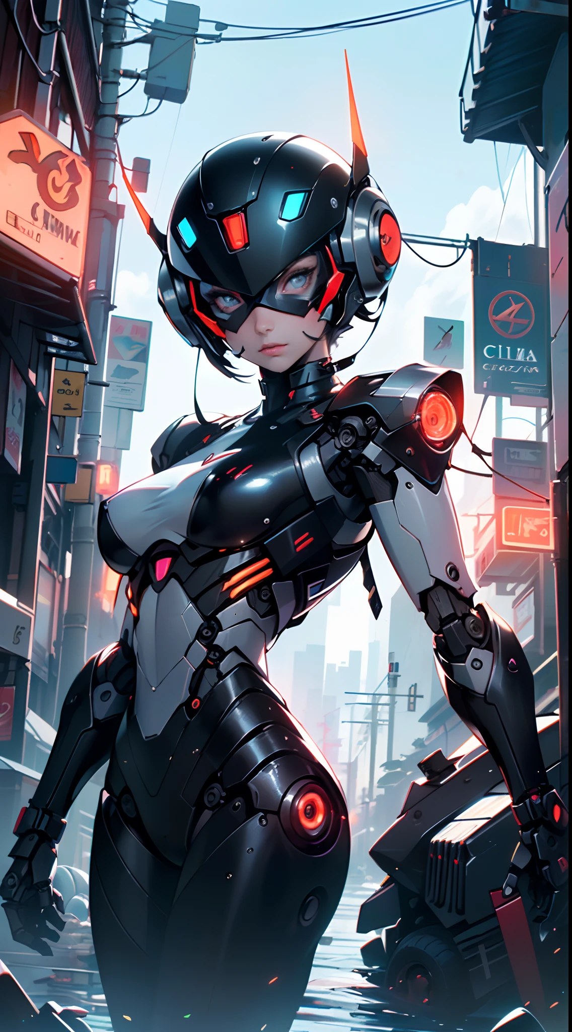 1girl, monster girl, (doll:0.65), smile, flexible, medium breasts, breasts, ((cyberpunk, neon, wires, cyborg, desert, sun, city)), ((mechanical, robotic, robot limbs, sex bot)), piercing eyes, best quality, masterpiece, closed mouth,