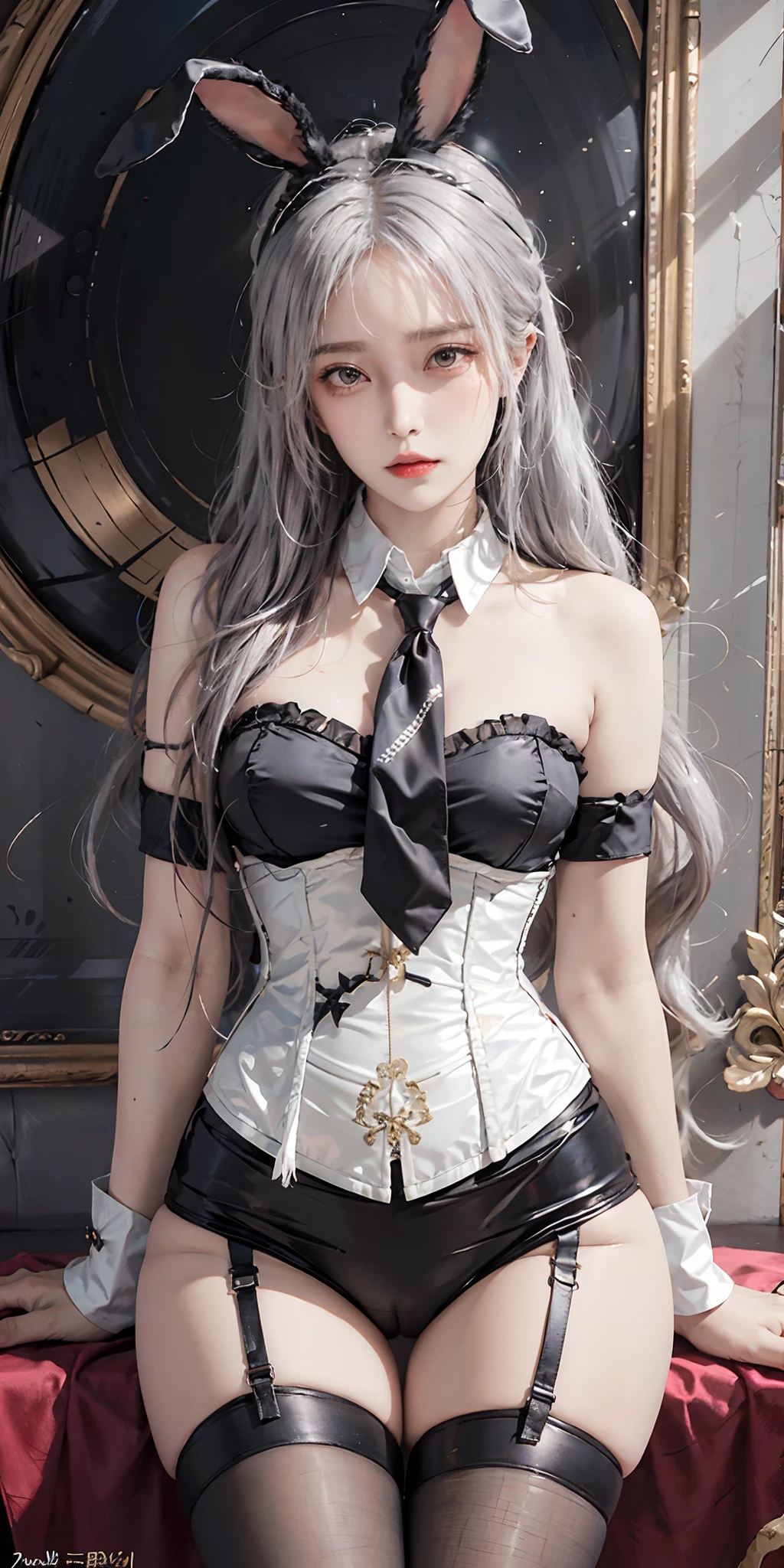 photorealistic, high resolution, soft light,1women, solo, hips up, shining skin, (detailed face), strapless leotard, pantyhose, rabbit ears, folded ponytail, white hair, necktie, wrist cuffs (wearing a satin corset and thigh highs), jewelry, tattoo