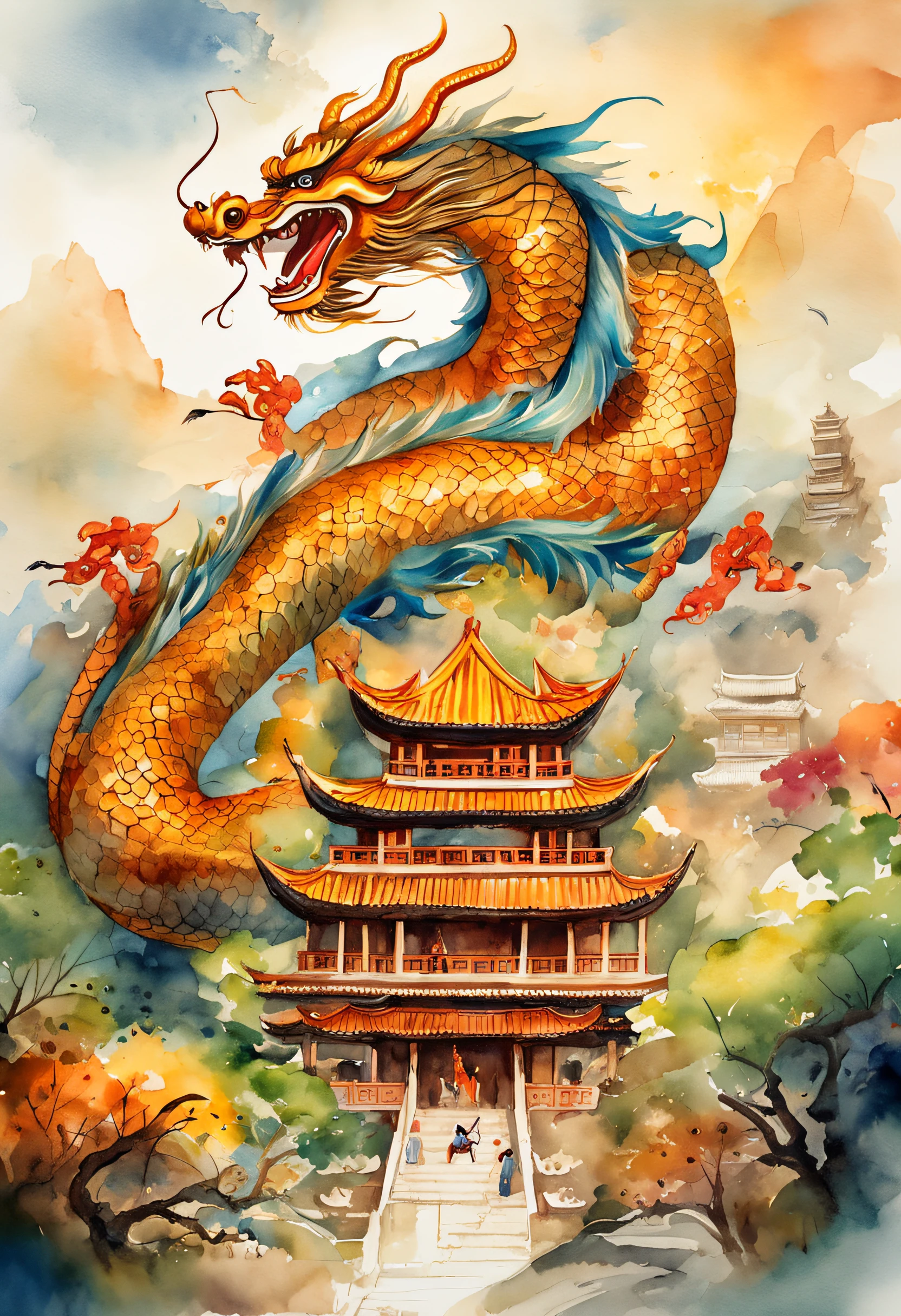 Chinese Dragon, Huge, Huge color images, Golden dragon, Cheyron Masterpiece，shrine，Flying in the sky，Like a serpent，hope，Positive，beautiful，torii