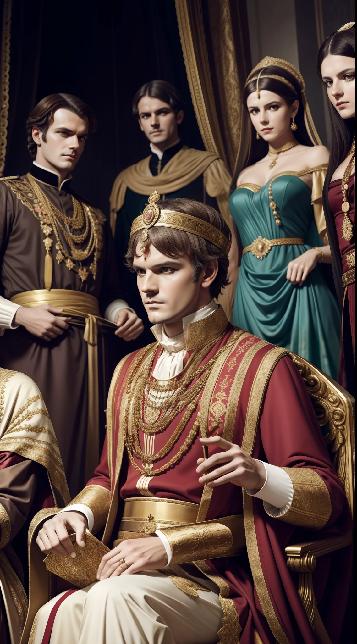 Generate an image depicting Caligula in opulent clothing, surrounded by courtiers and servants, dressed in eccentric attire reminiscent of his love for dressing up. realistic, 8k