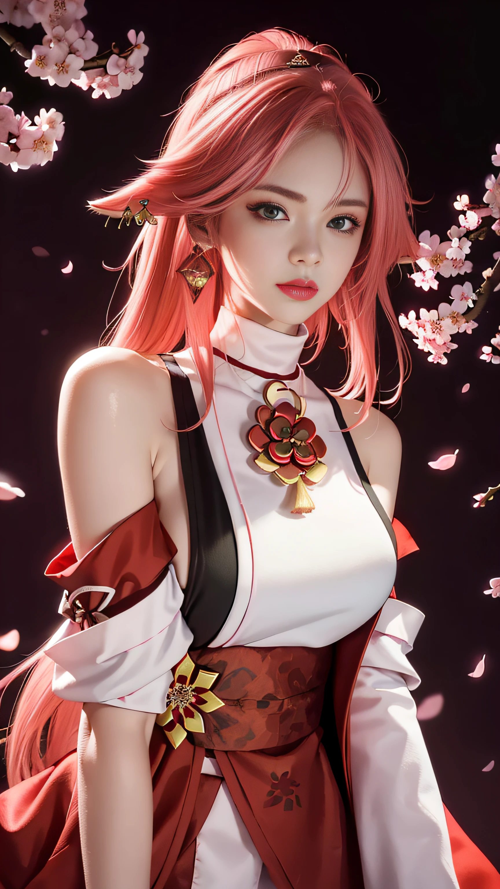 (Masterpiece, Excellent, 1girl, solo, complex details, color difference), realism, ((medium breath)), off-the-shoulders, big breasts, sexy, Yae Miko, long pink hair, red headdress, red highlight, hair above one eye, green eyes, earrings, sharp eyes, perfectly symmetrical figure, choker, neon shirt, open jacket, turtleneck sweater, against the wall, brick wall, graffiti, dim lighting, alley, looking at the audience, ((mean, seductive, charming)), ((cherry blossom background ))),((Japanese temple background)))), (((Glow-in-the-dark background)))
