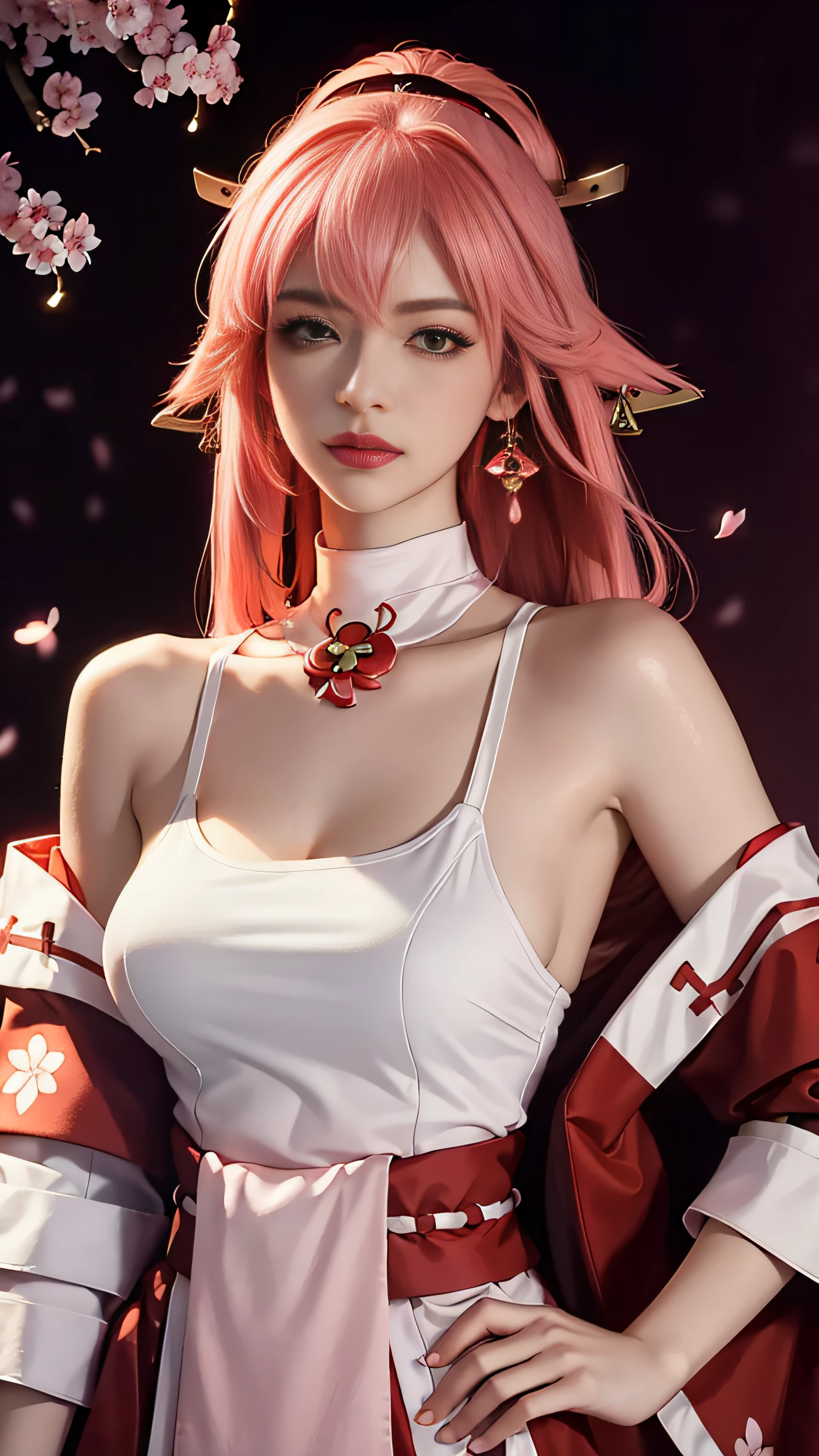 (Masterpiece, Excellent, 1girl, solo, complex details, color difference), realism, ((medium breath)), off-the-shoulders, big breasts, sexy, Yae Miko, long pink hair, red headdress, red highlight, hair above one eye, green eyes, earrings, sharp eyes, perfectly symmetrical figure, choker, neon shirt, open jacket, turtleneck sweater, against the wall, brick wall, graffiti, dim lighting, alley, looking at the audience, ((mean, seductive, charming)), ((cherry blossom background ))),((Japanese temple background)))), (((Glow-in-the-dark background)))