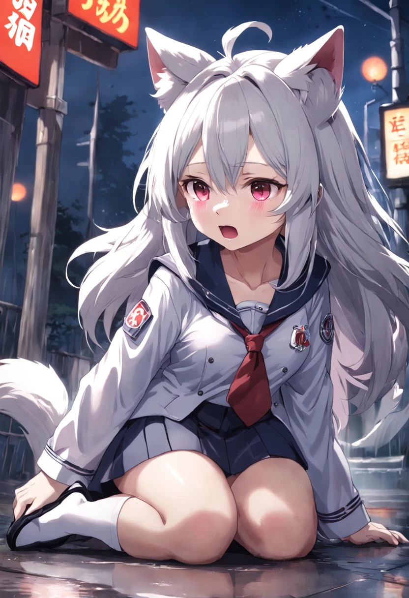 (cute girl), ((face soaked in cum)), (fox ears), (long white hair), ((evil smile: 1.2)),
(vampire teeth), (perfect), (wonderful), ((waifu)), (one blue eye),
(one yellow eye), (looking up: 1,3), (raining), ((realistic)), (evil),
(teenager),(totally naked)(Big breasts)(knees on the floor), ((Breasts
showing:1.2))in the cemetery on a full moon night with
bright air. oil painting. 4k high definition