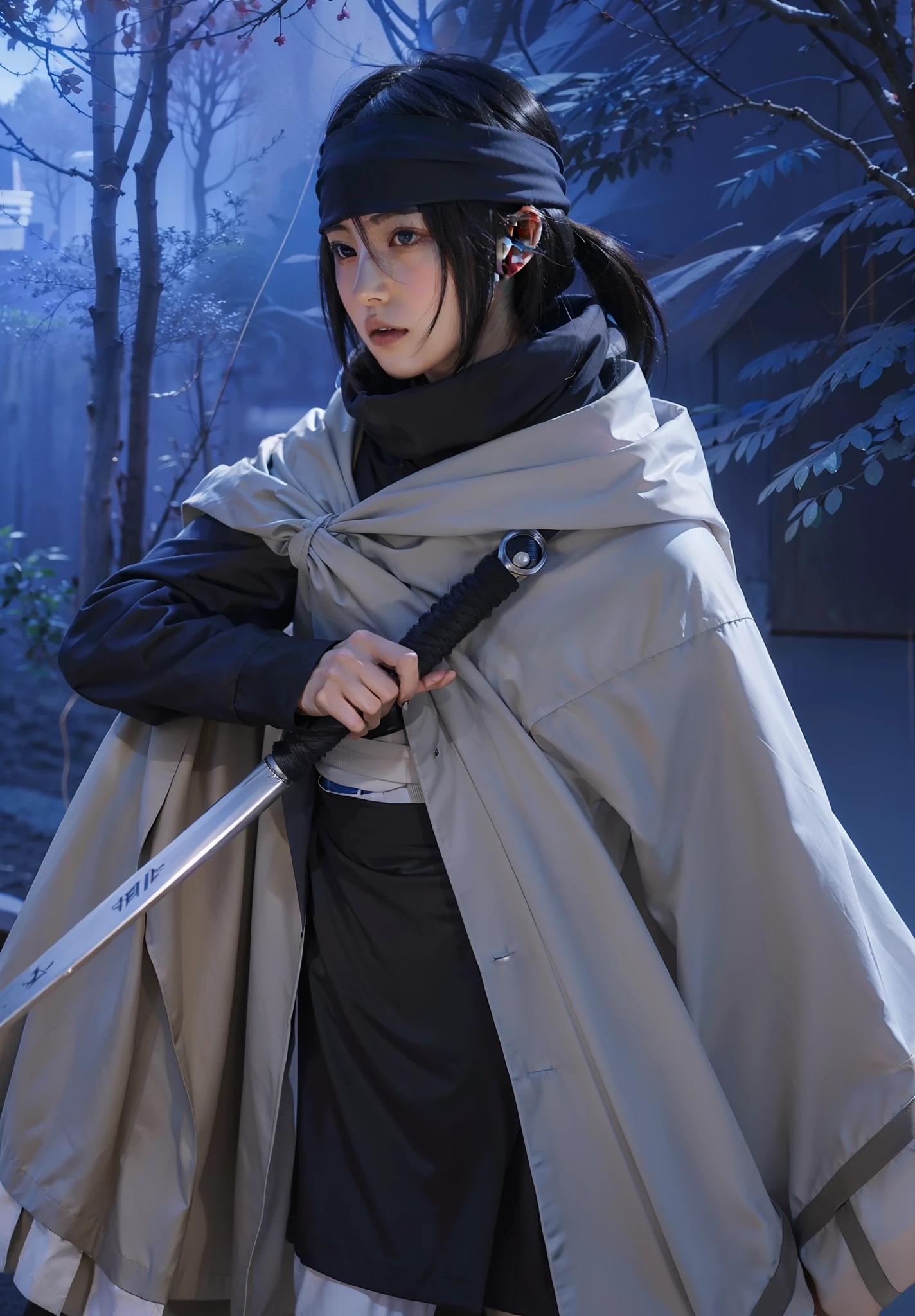 real Life adaption of this character,her name is Sasuke uchiha from anime naruto ,hyper realistic ,detailed hair, high resolution, photorealistic,very detailed,realistic outfit ,Korean handsome face,wear bandana , realistic same cloak